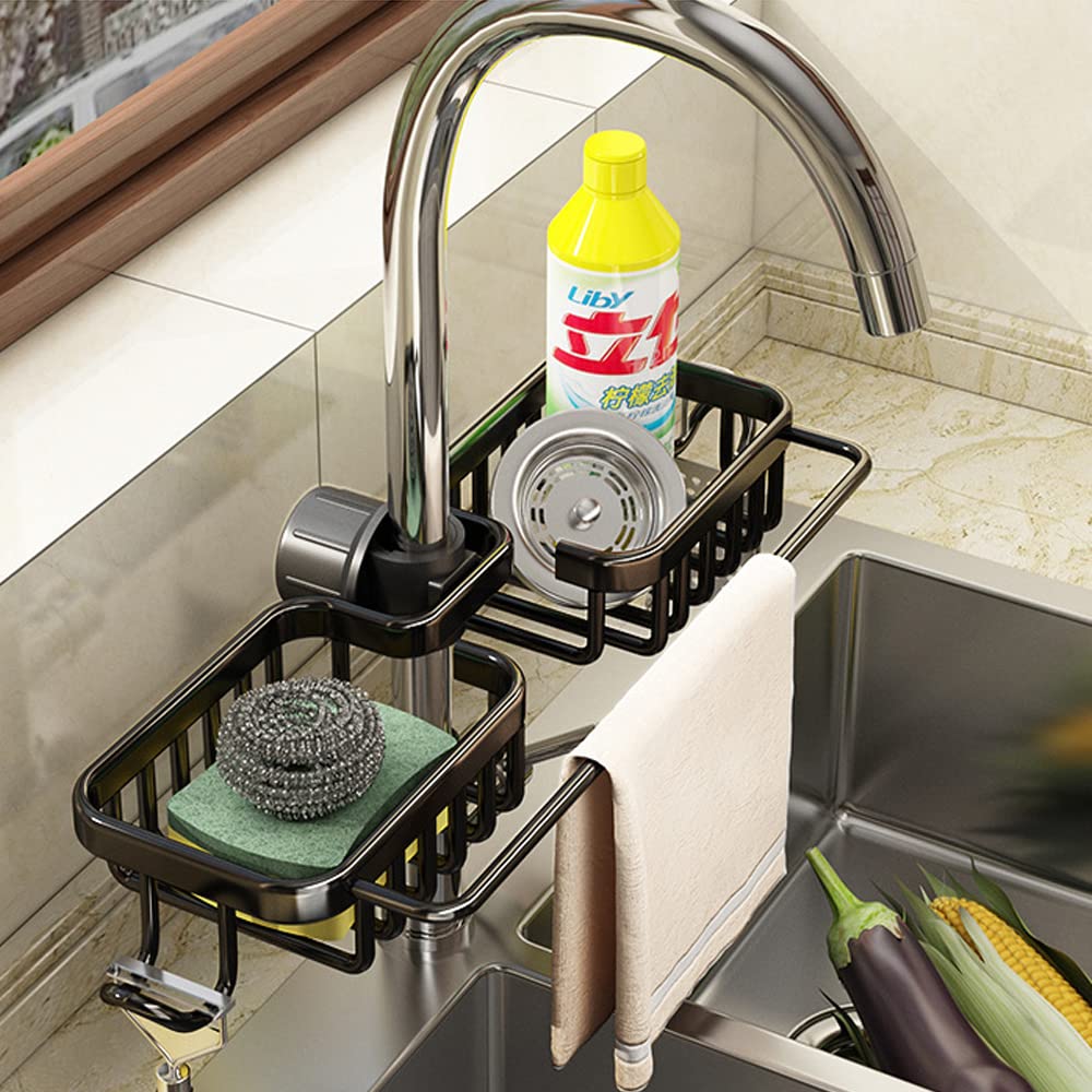Stainless Steel Kitchen Sink Organizer with Double Towel Rack & Hooks - Over The Faucet Sink Caddy for Sponge, Soap & Utensils - Perfect for Small Kitchen Organization & Dish Drying (Black)