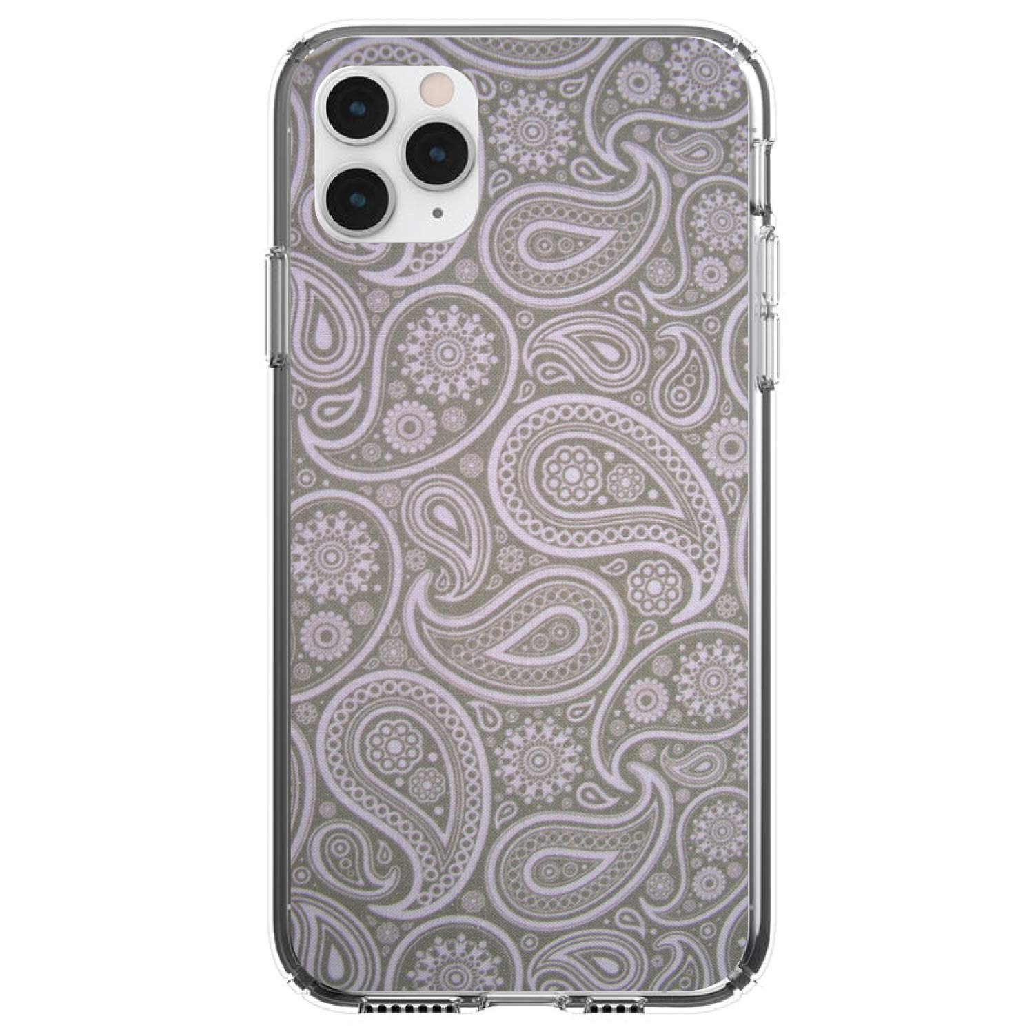 Shockproof Hybrid Case for iPhone 11 Pro Max (6.5 Inch) - Clear TPU Bumper with Acrylic Back & Tempered Glass Screen Protector - Grey Black Paisley Design - Perfect for Outdoor Activities, Travel & Daily Protection