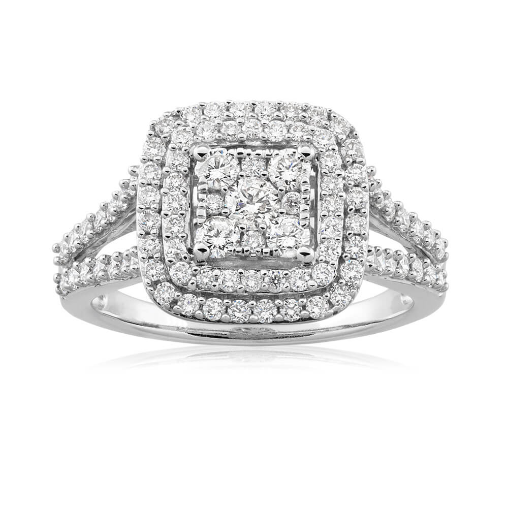 9ct White Gold 1 Carat Diamond Ring with 91 Brilliant Cut Diamonds - Elegant Engagement, Wedding & Anniversary Jewelry Gift for Women