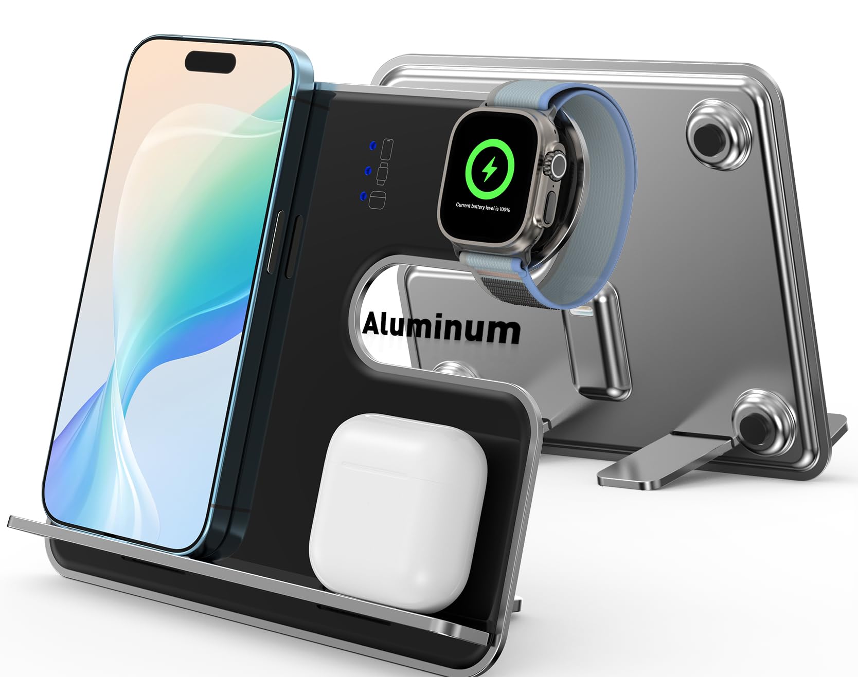 3-in-1 Wireless Charger for iPhone, Apple Watch & AirPods - Aluminum Alloy Charging Station with Detachable Travel Design | Fast Charging for Multiple Devices | Perfect for Home, Office & Travel Use