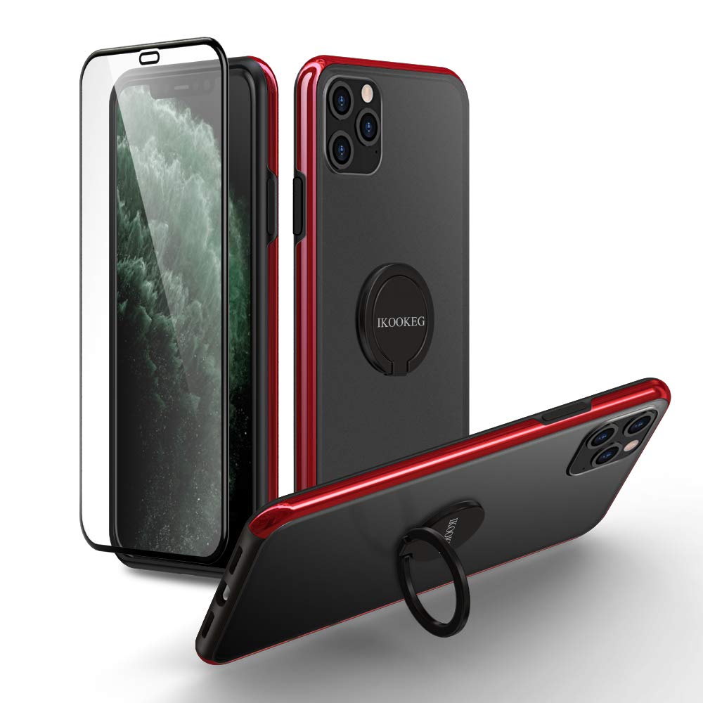 IKOOKEG iPhone 11 Pro Max Case with Metal Ring Stand & Tempered Glass Screen Protector - Translucent Matte PC Shockproof Protective Cover for Apple iPhone 11 Pro Max 6.5 Inch (Red) | Perfect for Daily Use, Travel & Outdoor Activities