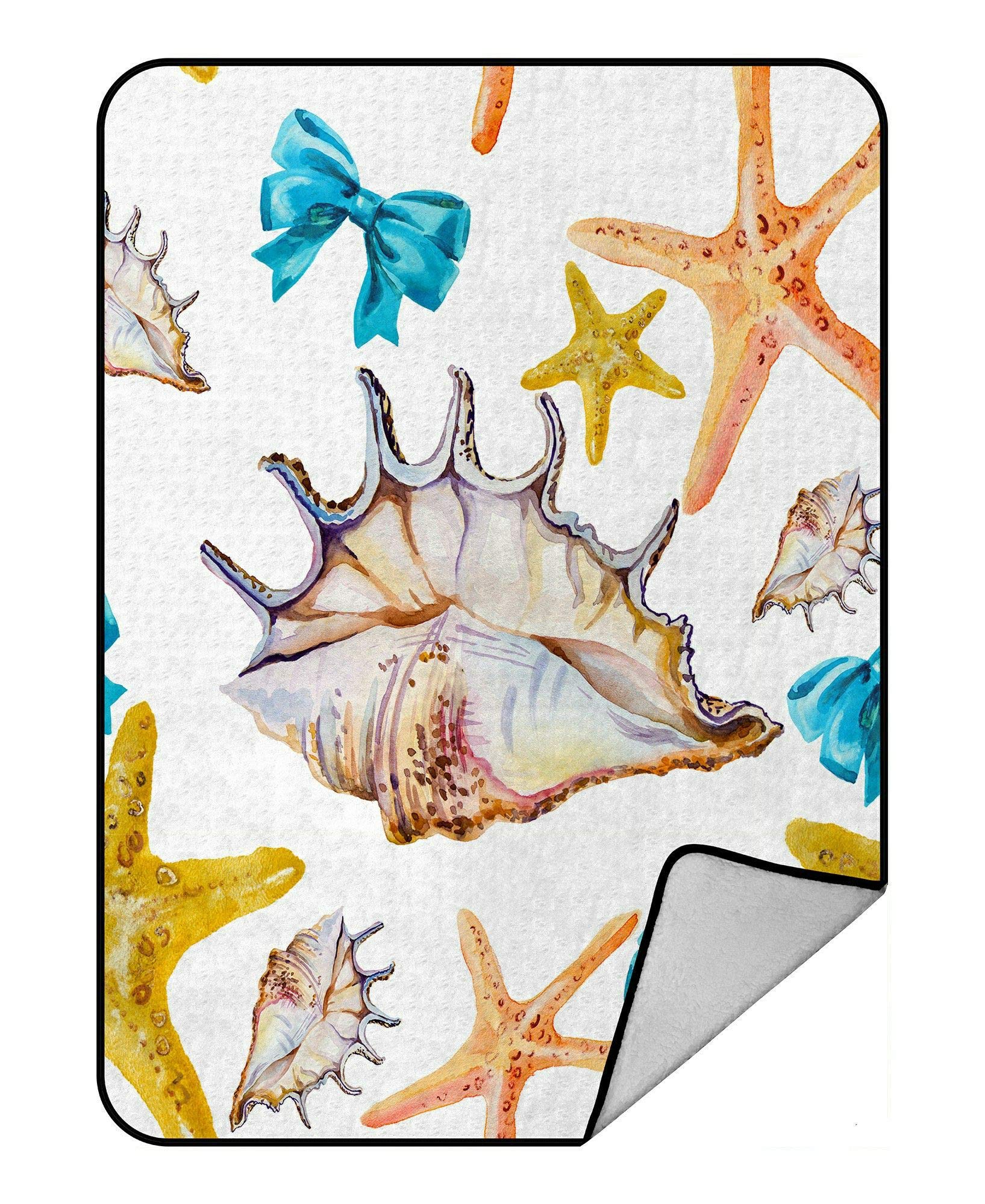 Soft Fleece Plush Blanket with Sea Shells & Stars Pattern - 58x80 Inch Cozy Throw Blanket for Bed, Sofa, and Outdoor Picnics