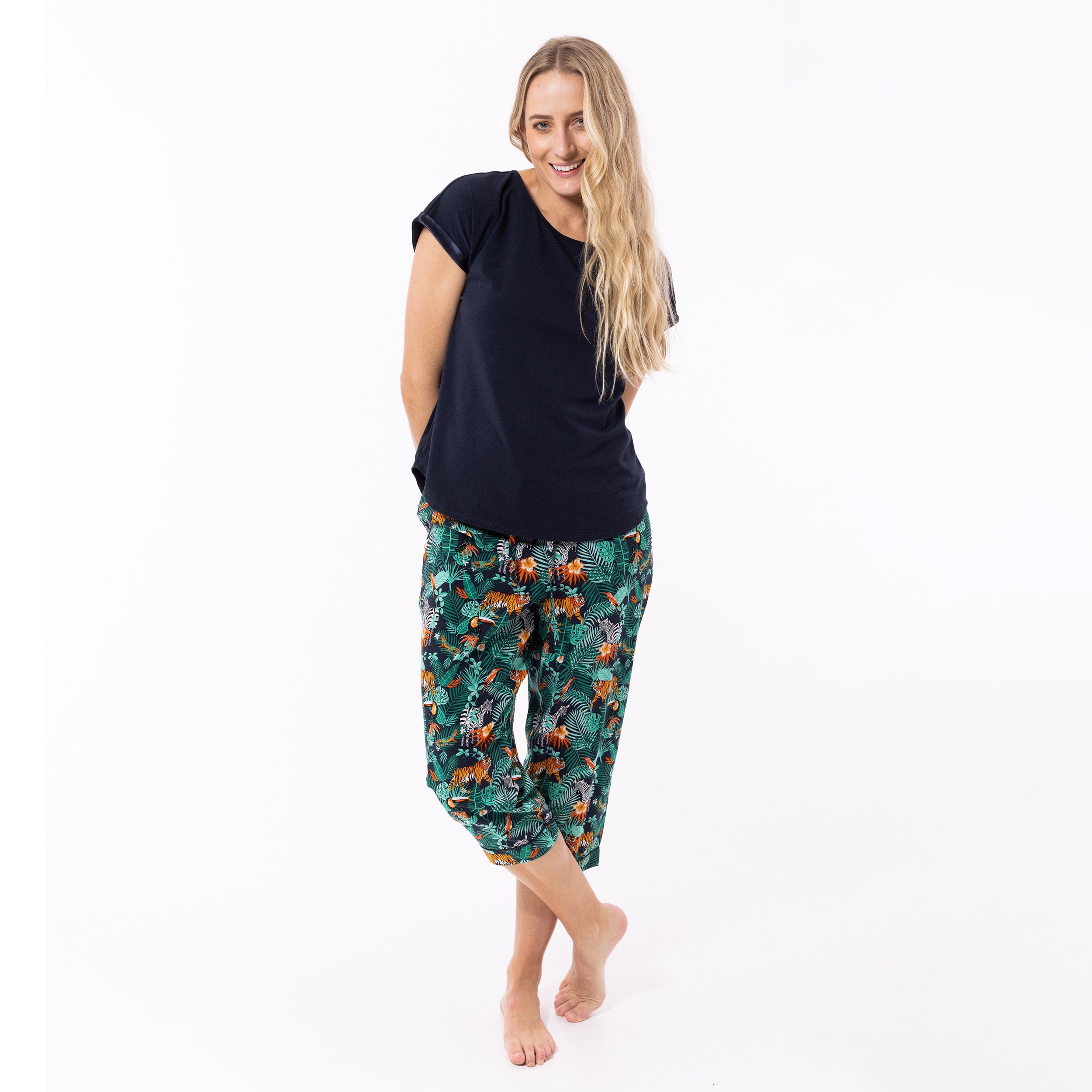 Women's Dark Jungle Print Woven Pants and Knit Tee Pajama Set - Navy Blue Sleepwear for Lounge & Comfortable Nightwear