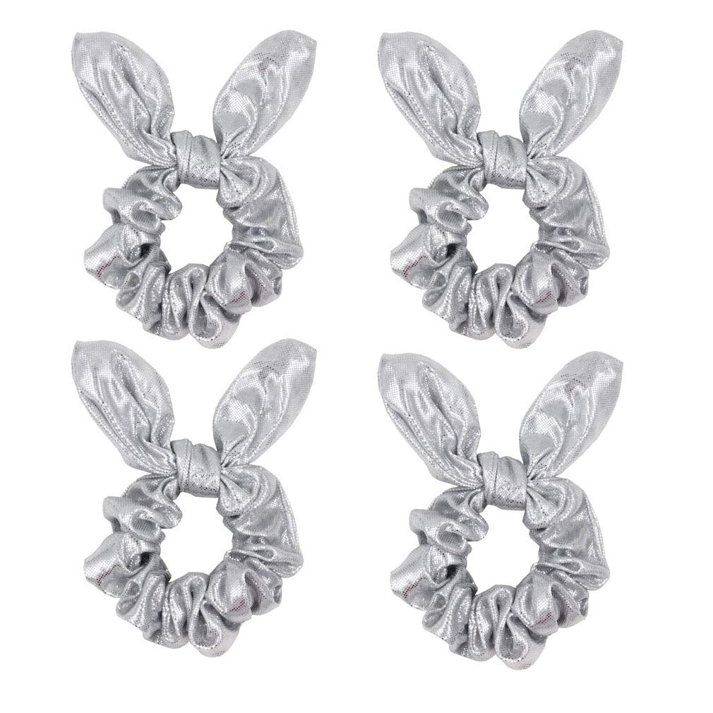 4 Pack Metallic PU Leather Hair Bows - Gold or Silver Shiny Hair Scrunchies, Ponytail Holders & Hair Wristbands for Women & Girls - Perfect for School, Gym, Dance, Party & Everyday Wear (Silver)