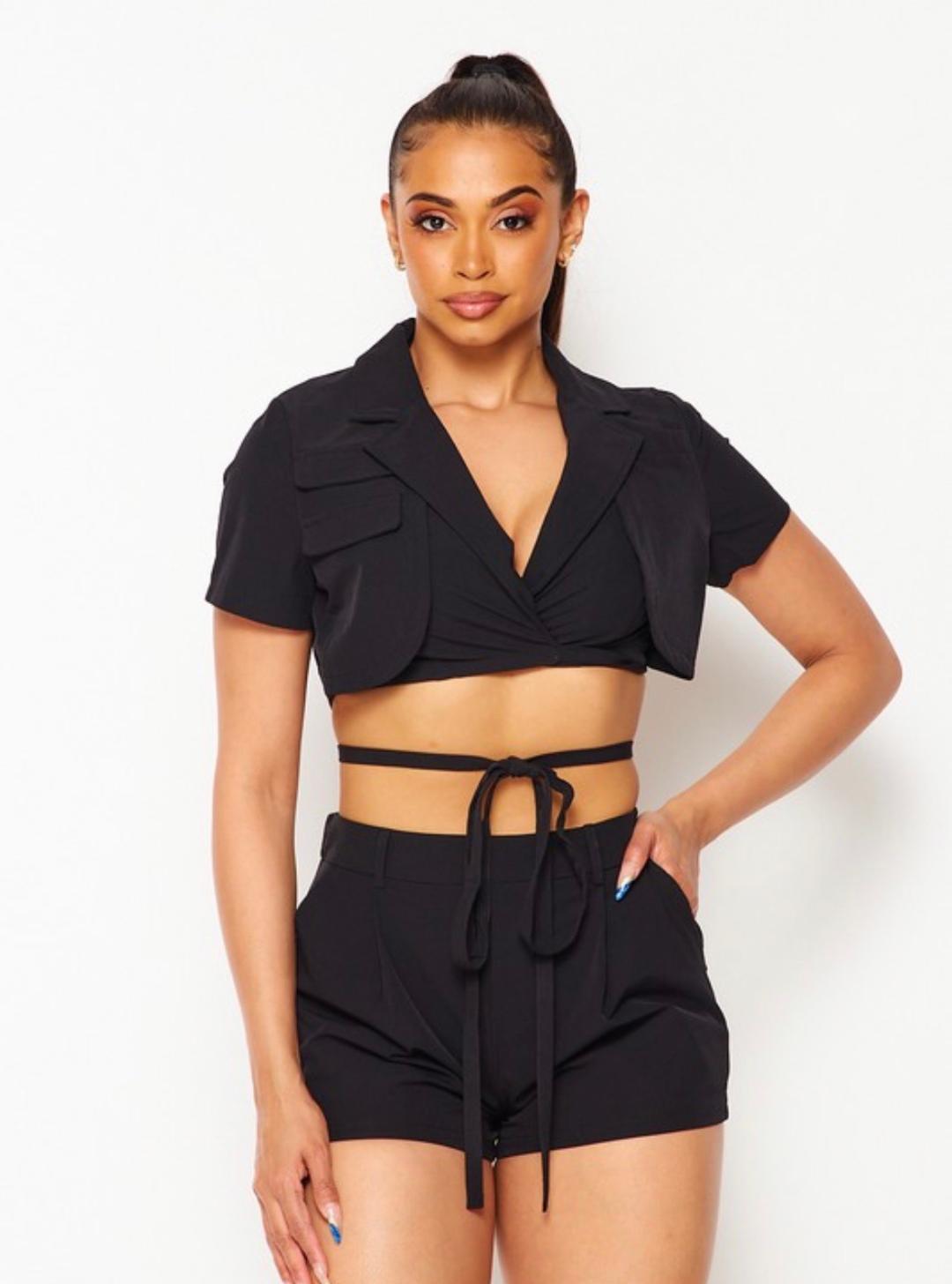 Marisa Women's Short Sleeve Top & Shorts Set - Black Summer Outfit for Casual Wear, Beach Vacation, and Lounge