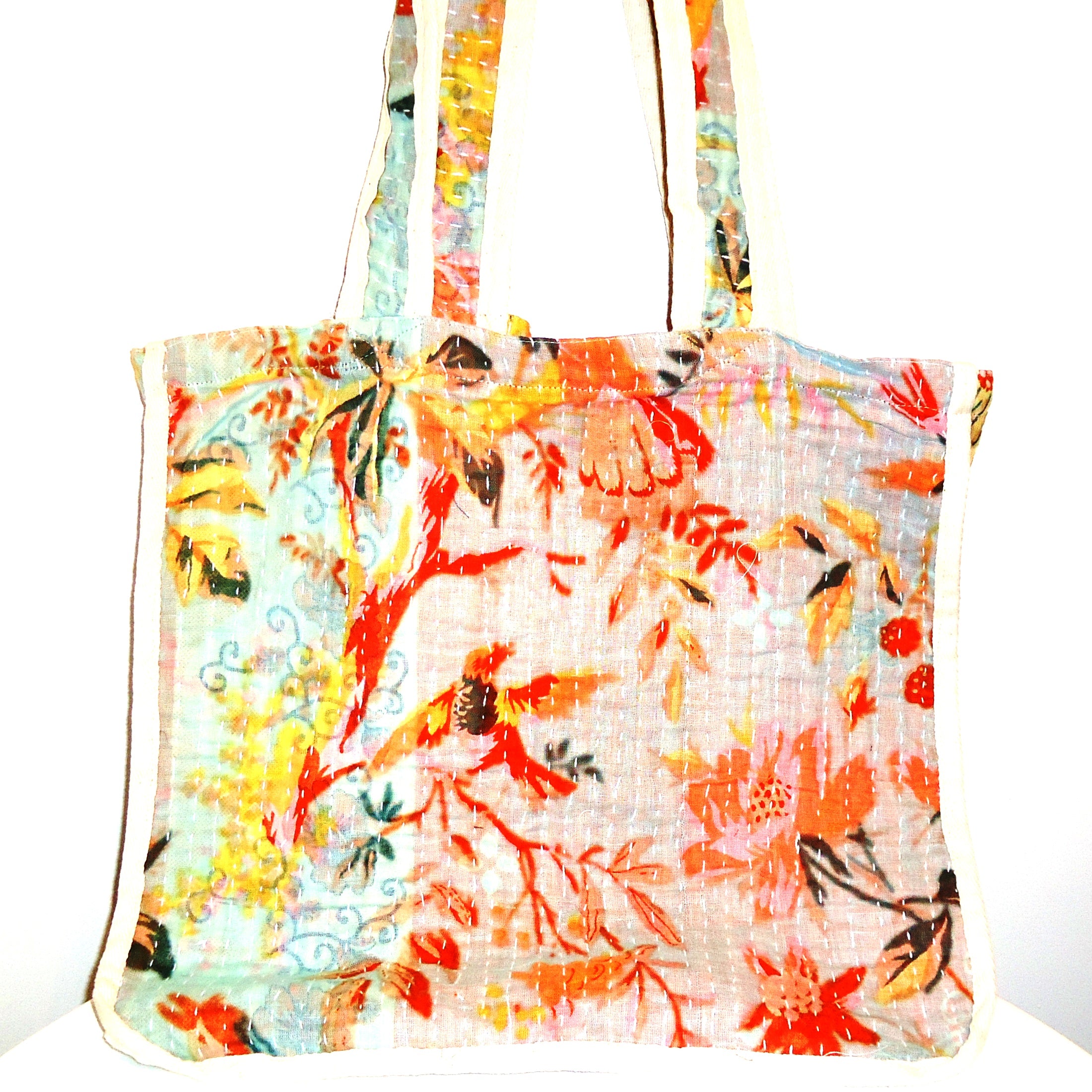Handmade Kantha Market Tote Bag in Peach - Eco-Friendly Cotton Shopping Bag for Groceries, Beach & Farmers Market