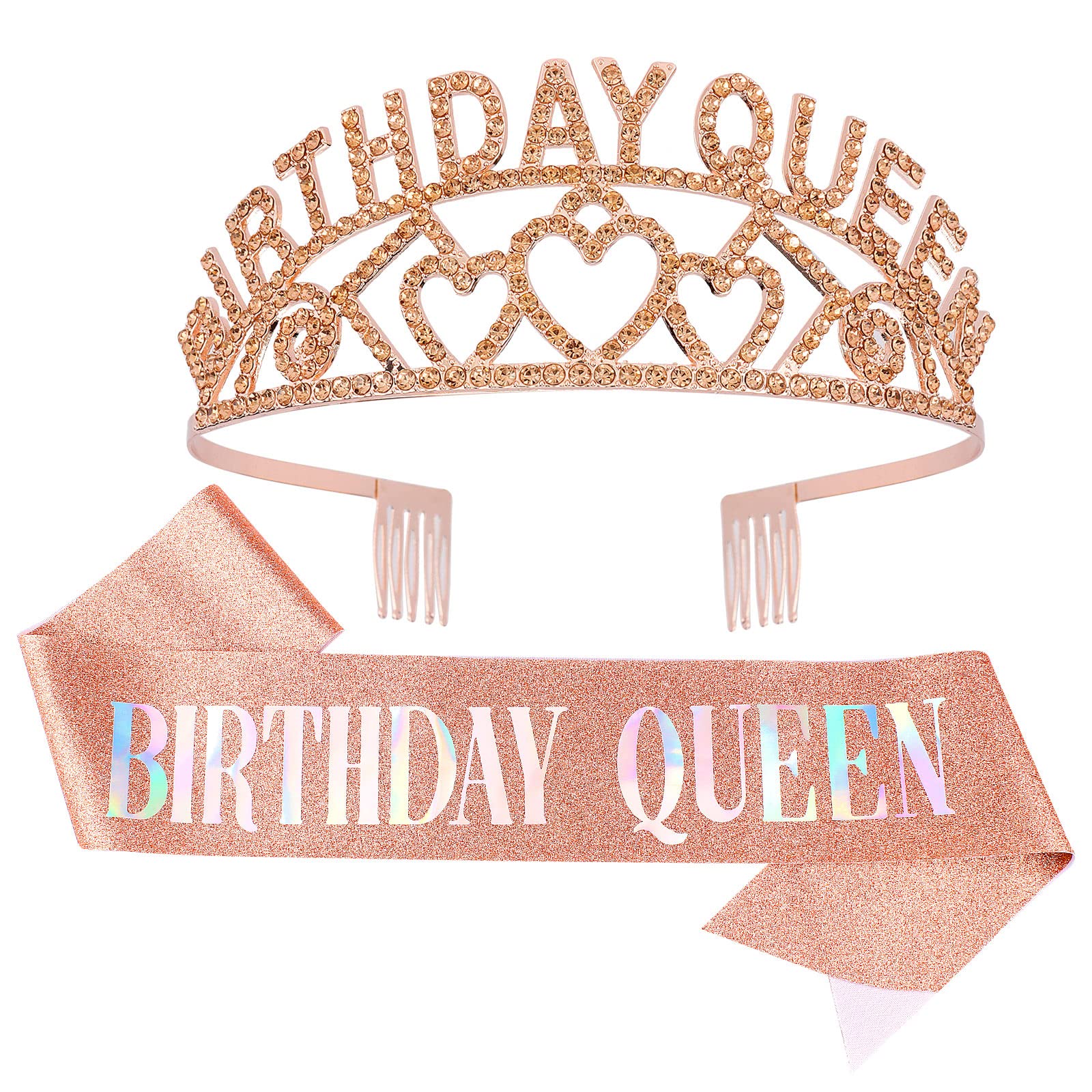 CAVETEE Champagne Gold Birthday Queen Rhinestone Tiara & Sash Set - Sparkling Party Crown & Sash for Women's Birthday Celebrations, Bachelorette Parties & Special Events (Multi-Color Letter Options)