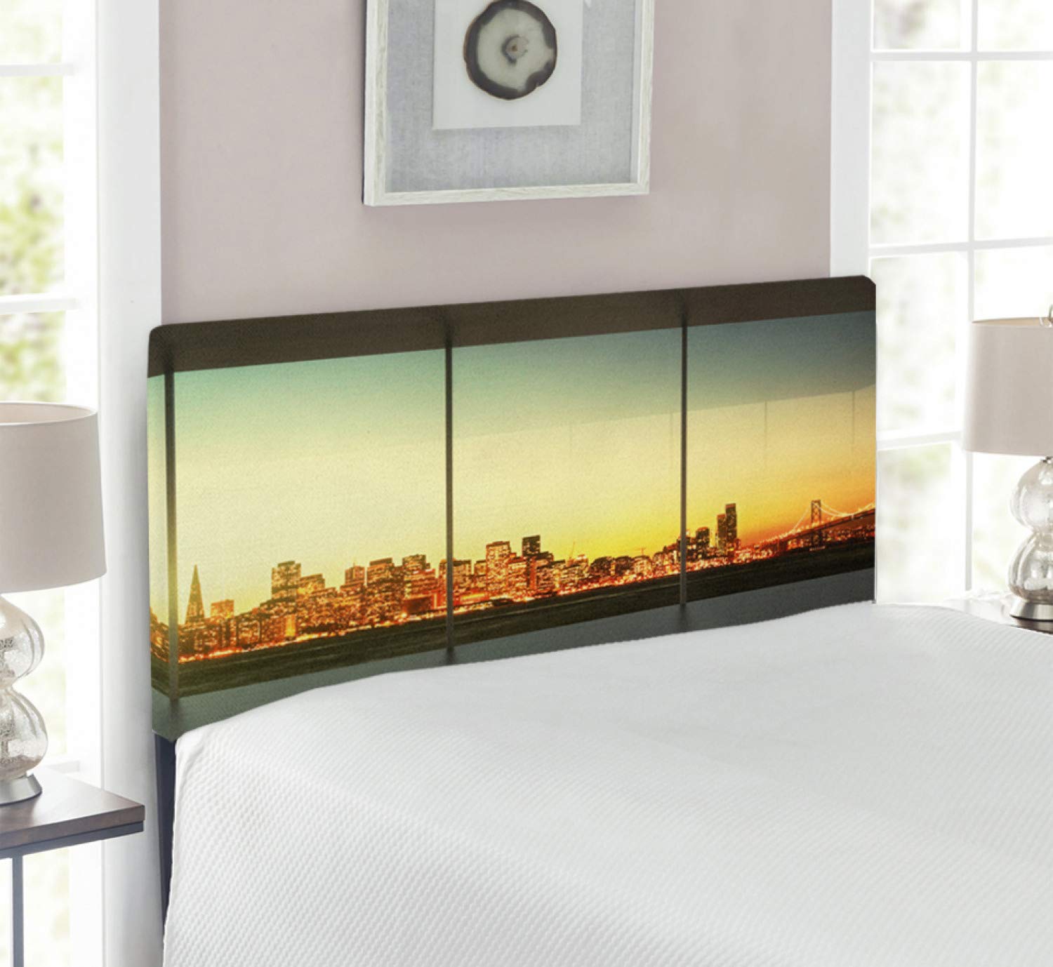 Ambesonne Modern Upholstered Headboard with Memory Foam - Twin Size, Sunset City Skyline Design in Orange Grey Green - Perfect for Bedroom Decor & Contemporary Home Office Setup