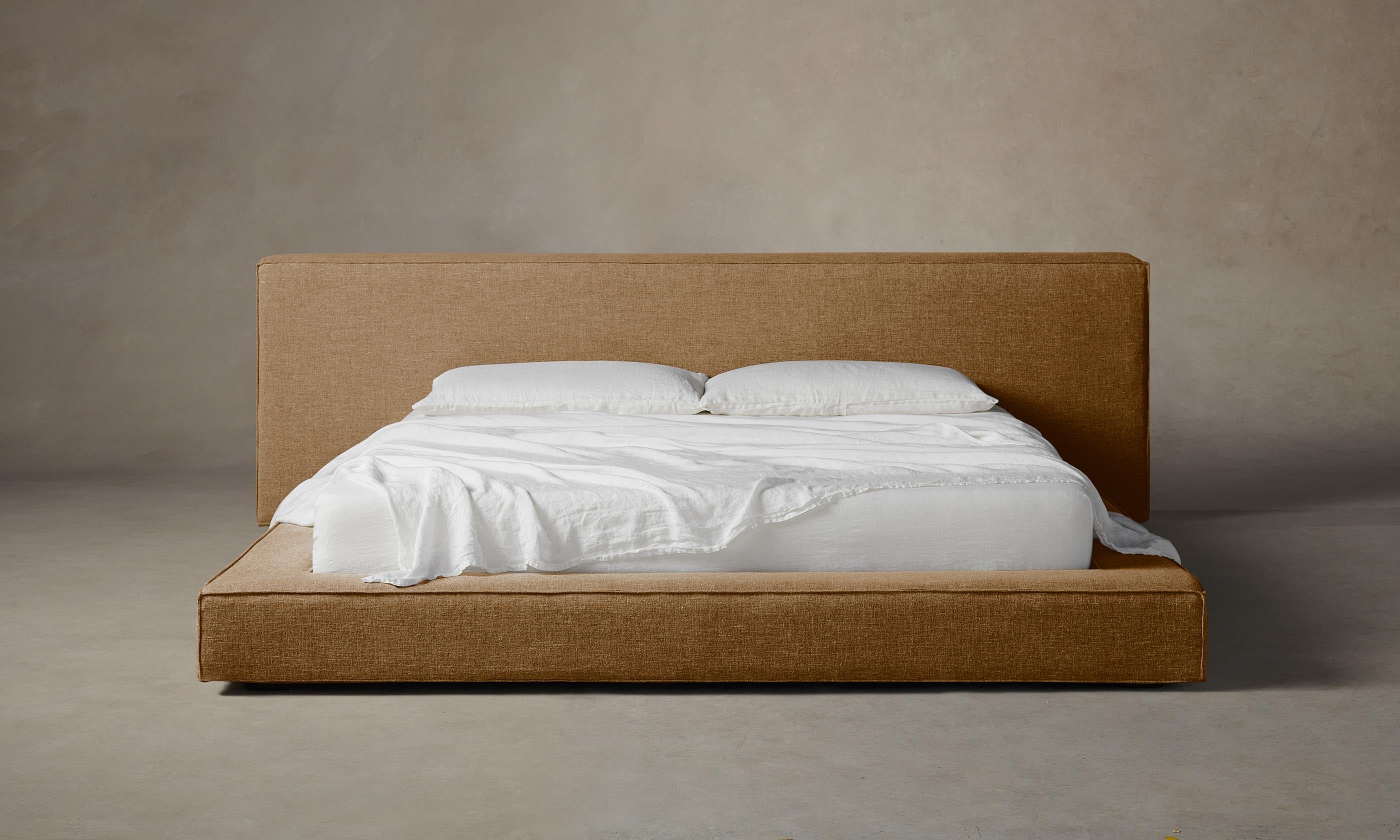 The Eldridge Bed - Heritage Belgian Linen Upholstered Bed Frame in Chai | Modern Farmhouse Bedroom Furniture for Master & Guest Rooms