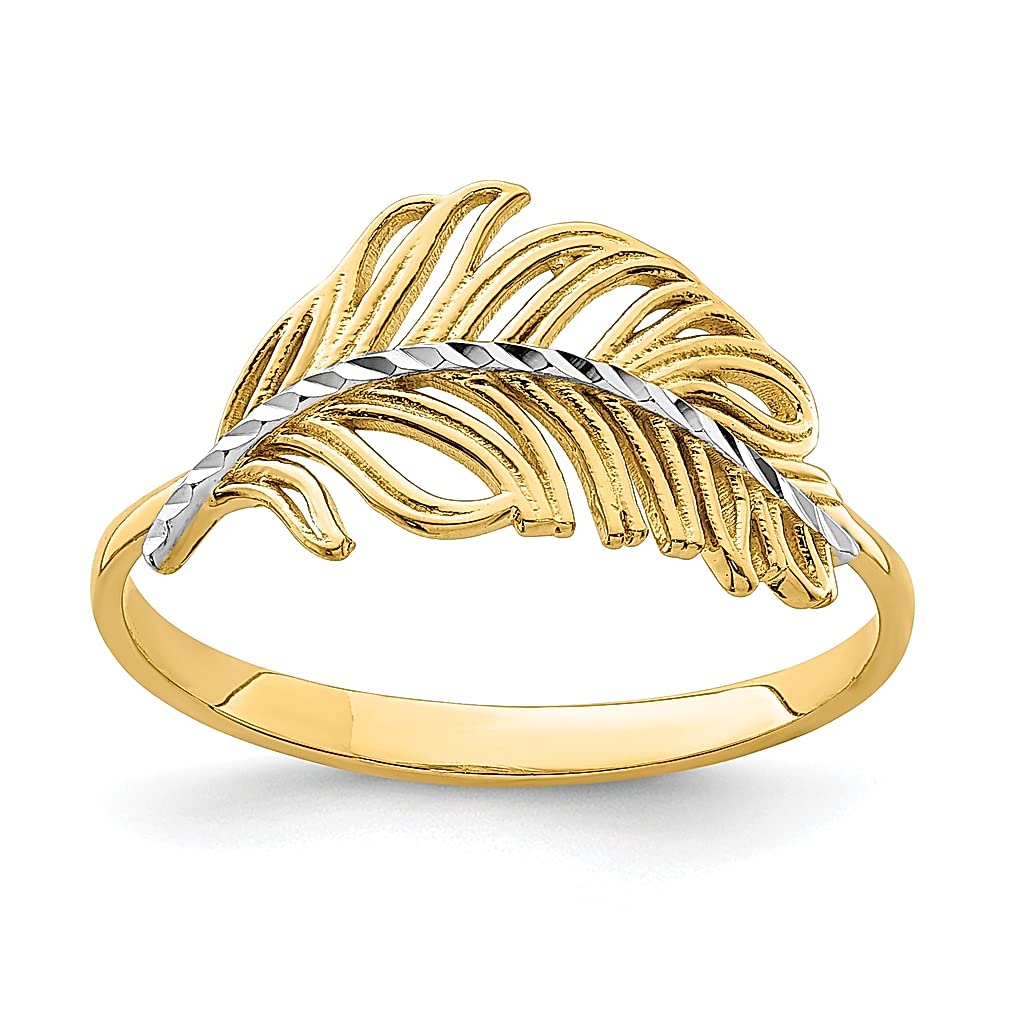 14K Yellow Gold White Feather Band Ring Size 7.00 - Elegant Fine Jewelry for Women, Perfect Gift for Her - Ideal for Weddings, Anniversaries & Special Occasions