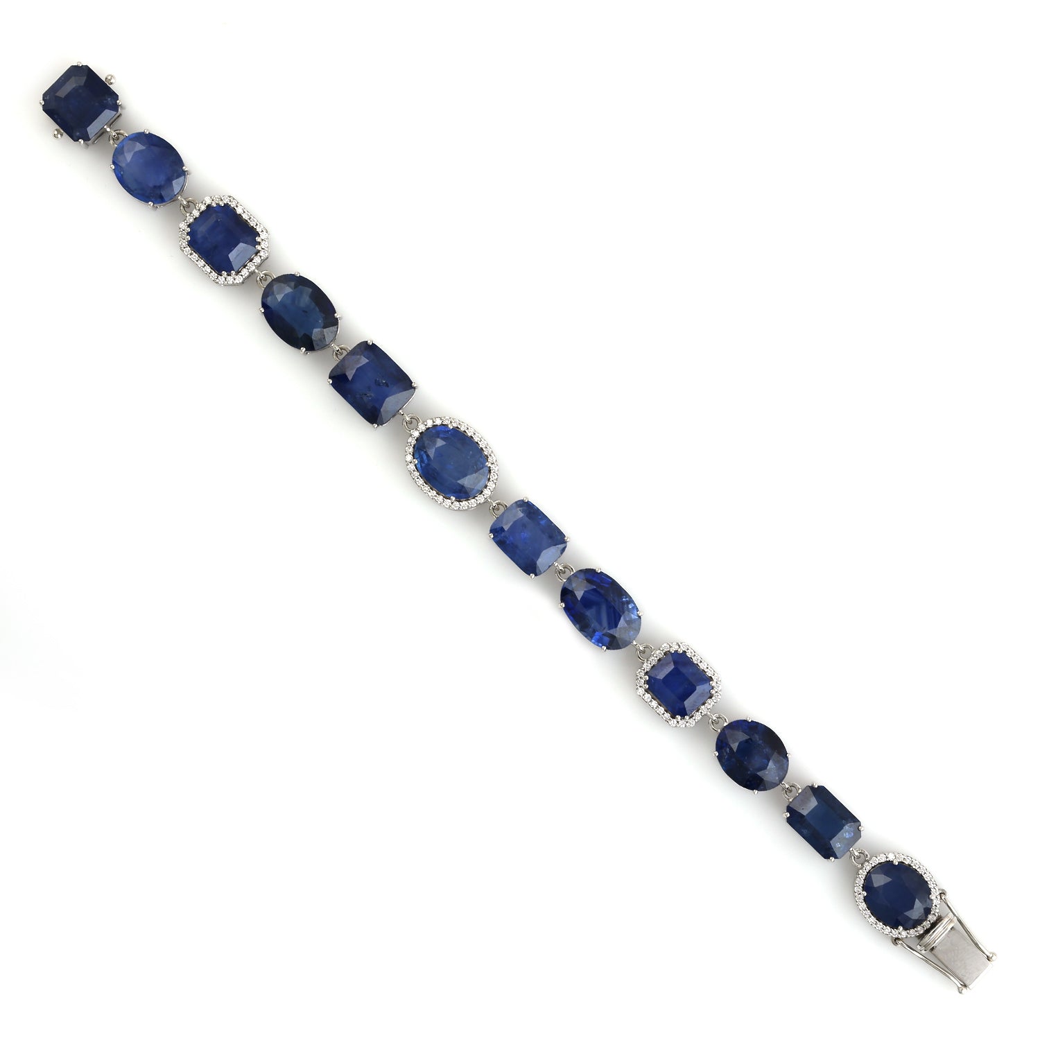 18K White Gold Micro Pave Diamond & Blue Sapphire Link Chain Bracelet - Handmade Luxury Jewelry for Women, Perfect for Weddings, Anniversaries & Special Occasions
