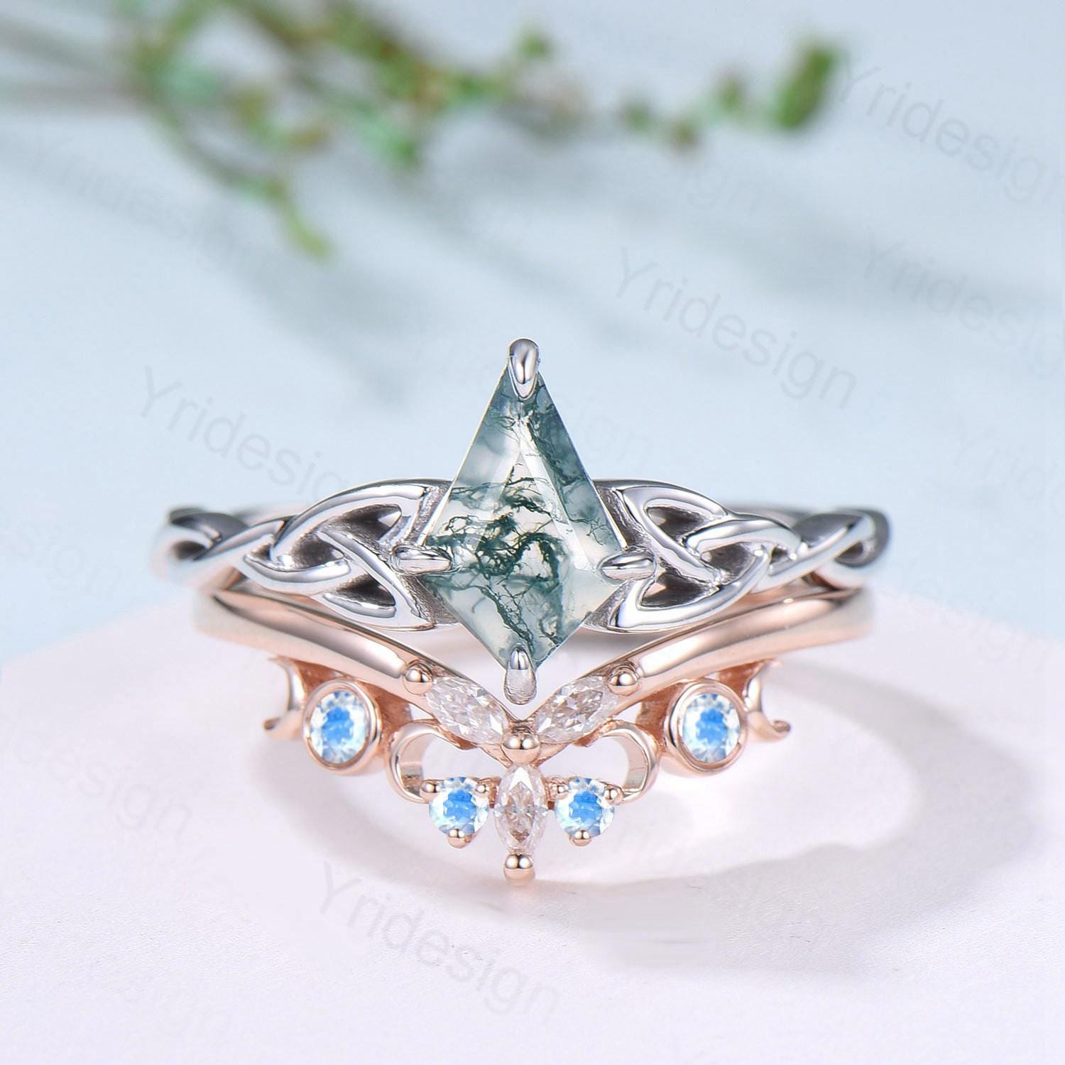 Viking Kite Cut Moss Agate Engagement Ring Set with Celtic Love Knot Moonstone Wedding Band - Vintage Unique Twisted Green Crystal Bridal Jewelry for Norse Wedding, Handfasting Ceremony & Boho Bridal Fashion