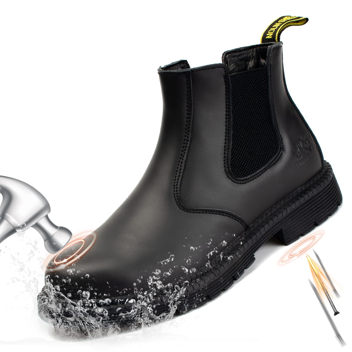 NOLINSHIELD Men's Steel Toe Slip-On Work Boots - Lightweight Water Repellent Safety Boots with Non-Slip Comfortable Leather Design (Black, Size 10) - Perfect for Construction, Warehouse & Outdoor Work