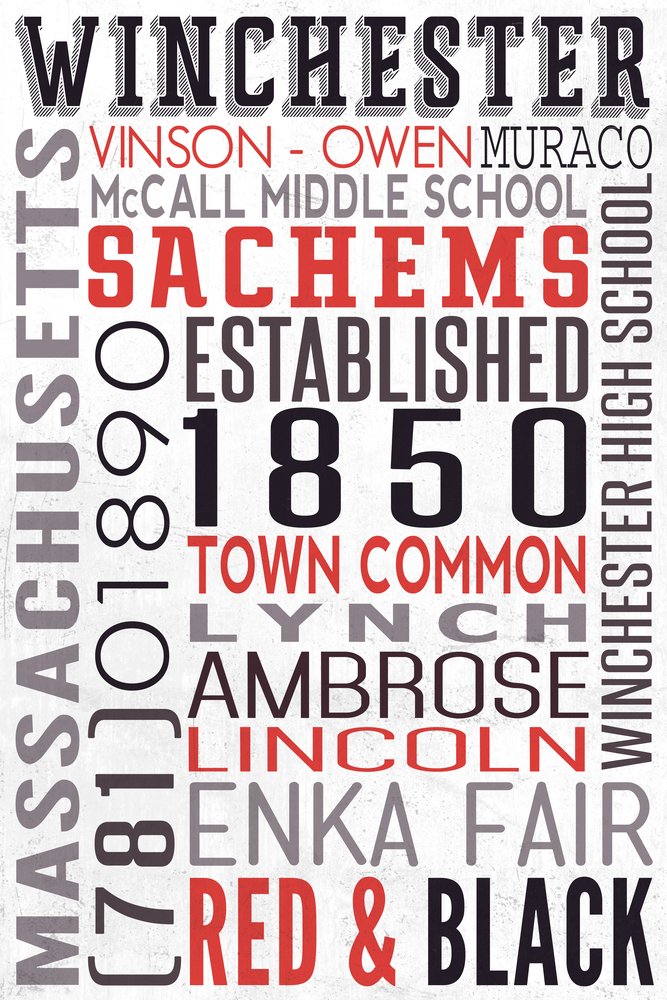 Winchester Massachusetts Typography - 12x18 Gallery Quality Metal Wall Art, Aluminum Home Decor for Living Room, Bedroom & Office