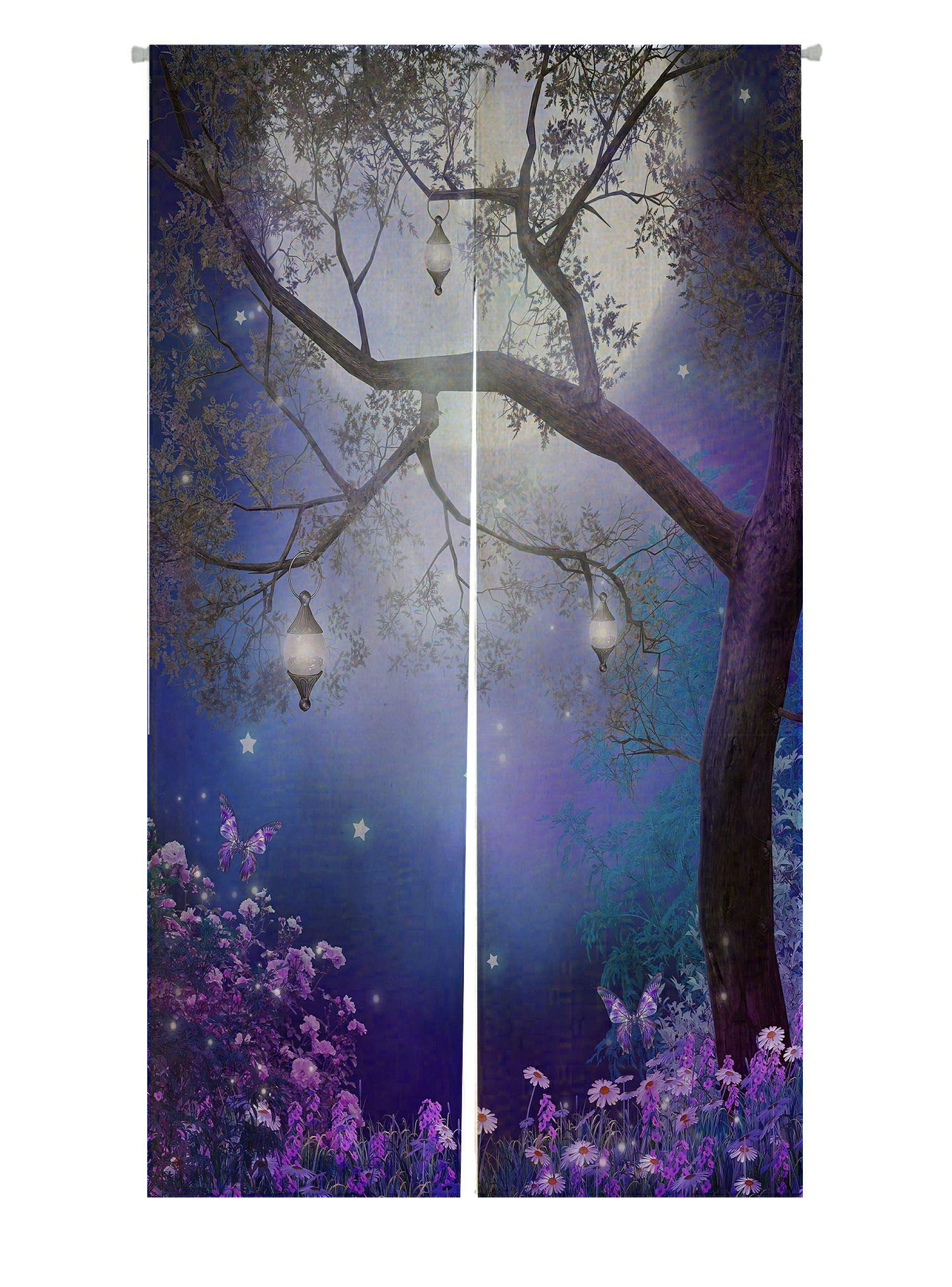 ABPHQTO Purple Meadow Fairy Tree Japanese Noren Curtain - 85x120cm Cotton Linen Door & Window Treatment - Perfect for Doorways, Room Dividers & Boho Home Decor