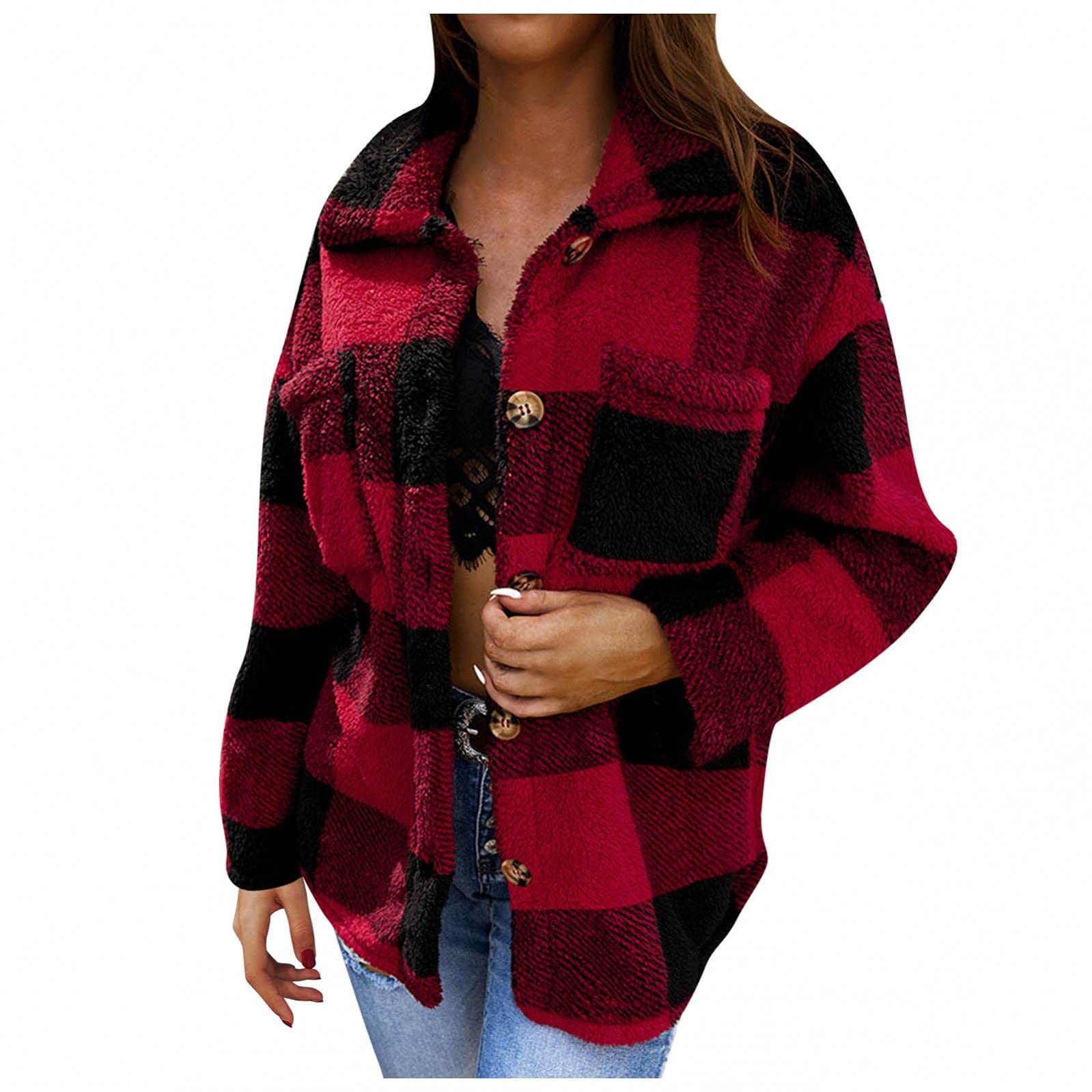 Misaky Women's Winter Plaid Stand Collar Fleece Jacket - Warm Plush Shaggy Coat with Pockets for Casual Outings & Outdoor Activities