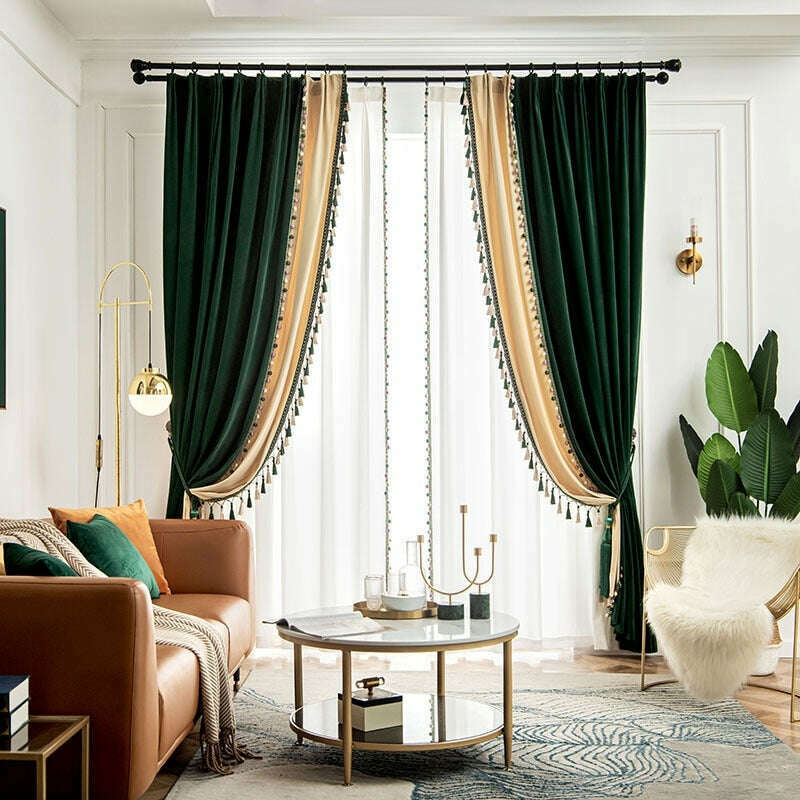 Premium Luxury Velvet Curtains with Spliced Design - Emerald Green Pearl Finish for Living Room & Bedroom Window Decor