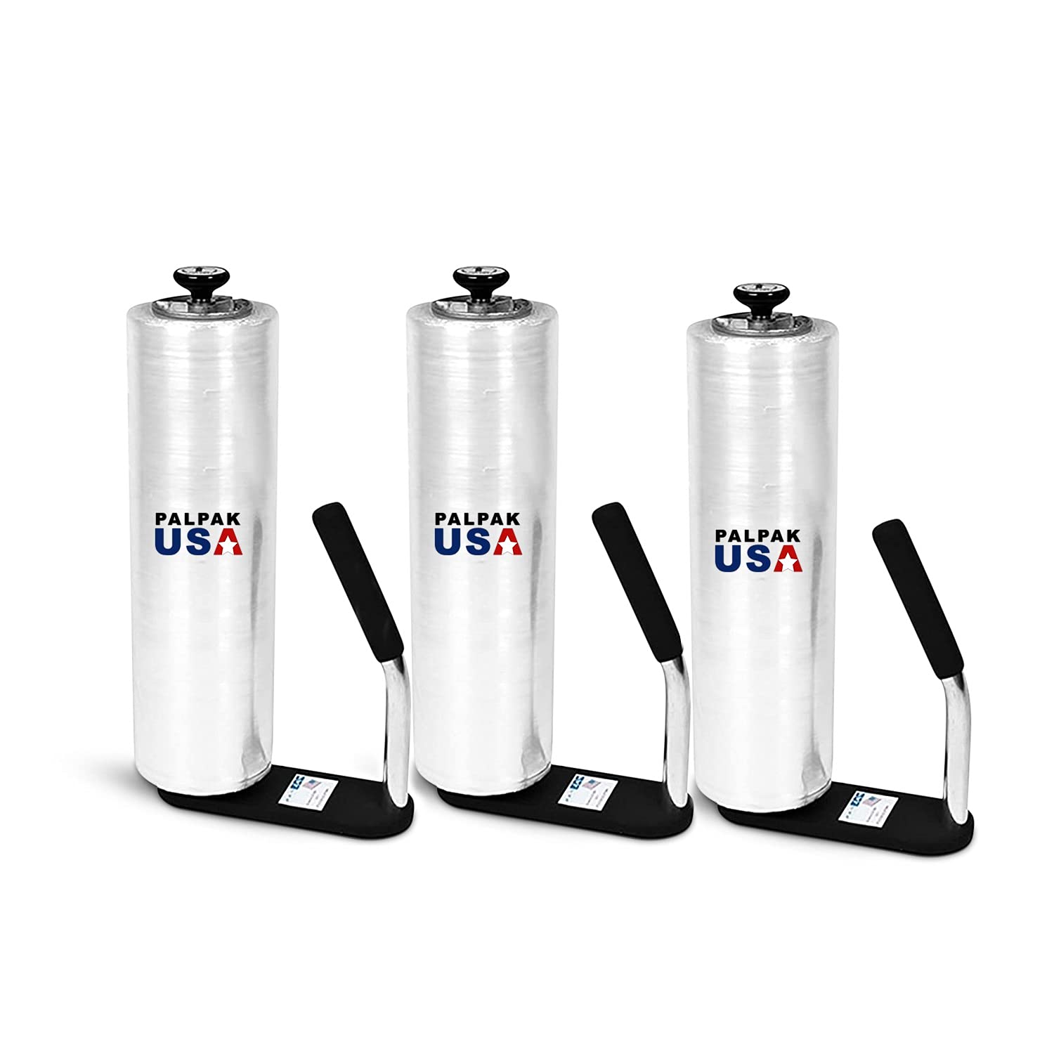Industrial Strength Stretch Film Dispenser - Made in USA | Palpak100 Lightweight Pallet Wrapper with Tension Knob Adjustment | 3-Pack for Warehouse, Shipping & Logistics Packaging