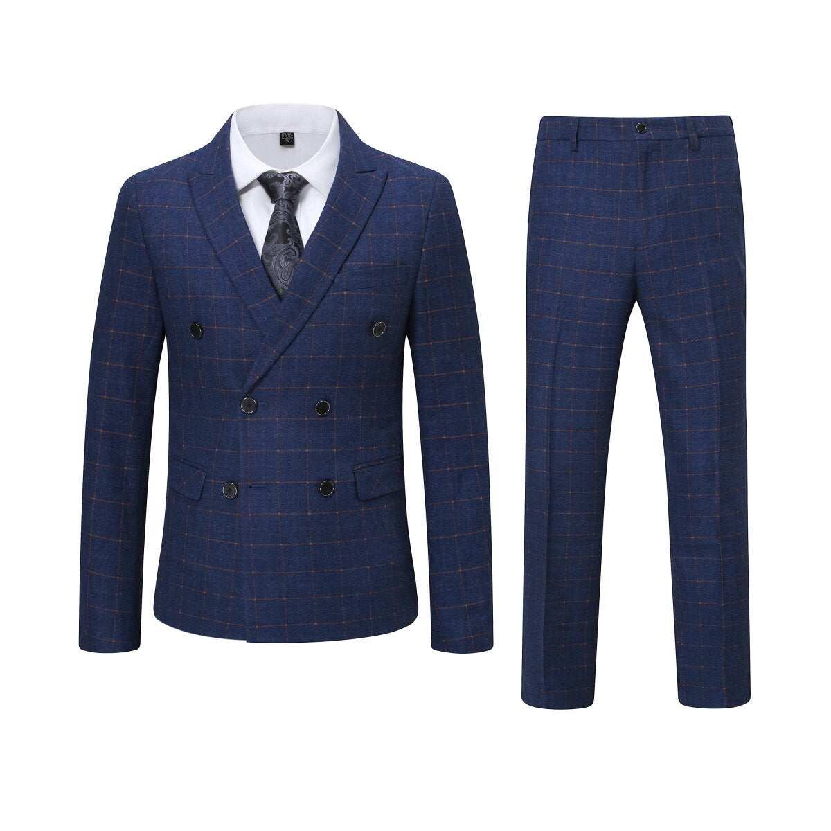 3 Piece Slim Fit Double Breasted Plaid Blue Suit for Men | Business Formal & Wedding Attire | Office, Interview & Special Occasion Outfit
