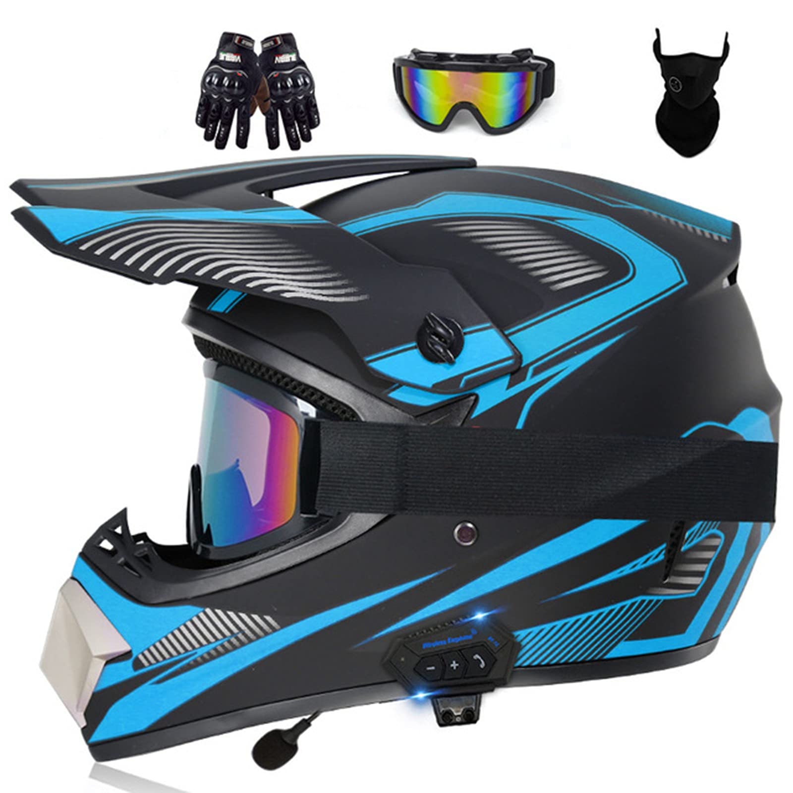 DOT Approved Full Face Motocross Helmet with Bluetooth, Goggles & Gloves - Adult ATV/Dirt Bike/BMX/MTB Off-Road Motorcycle Helmet for Men & Women - Perfect for Trail Riding, Downhill Racing & Adventure Sports