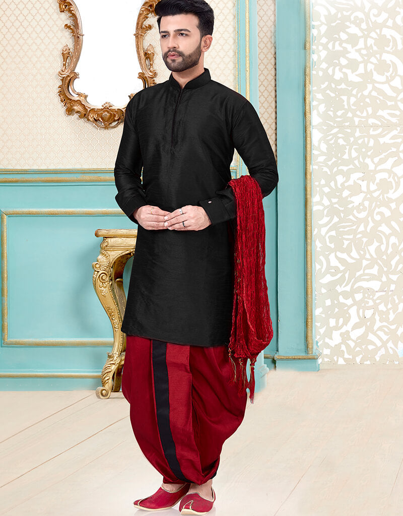 Black Kurta Dhupion Silk Dhoti for Men - Premium Indian Traditional Wear for Festivals & Weddings