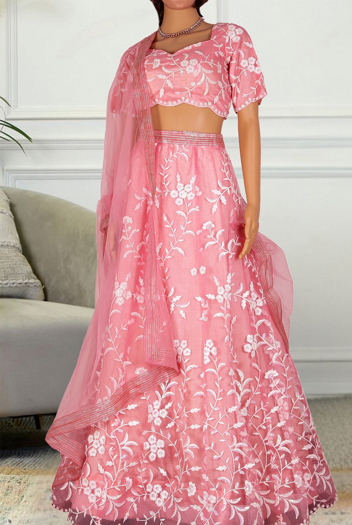 Elegant Pink Net Embroidered Blouse and Lehenga Set (D587) - Perfect for Weddings, Parties & Festive Occasions