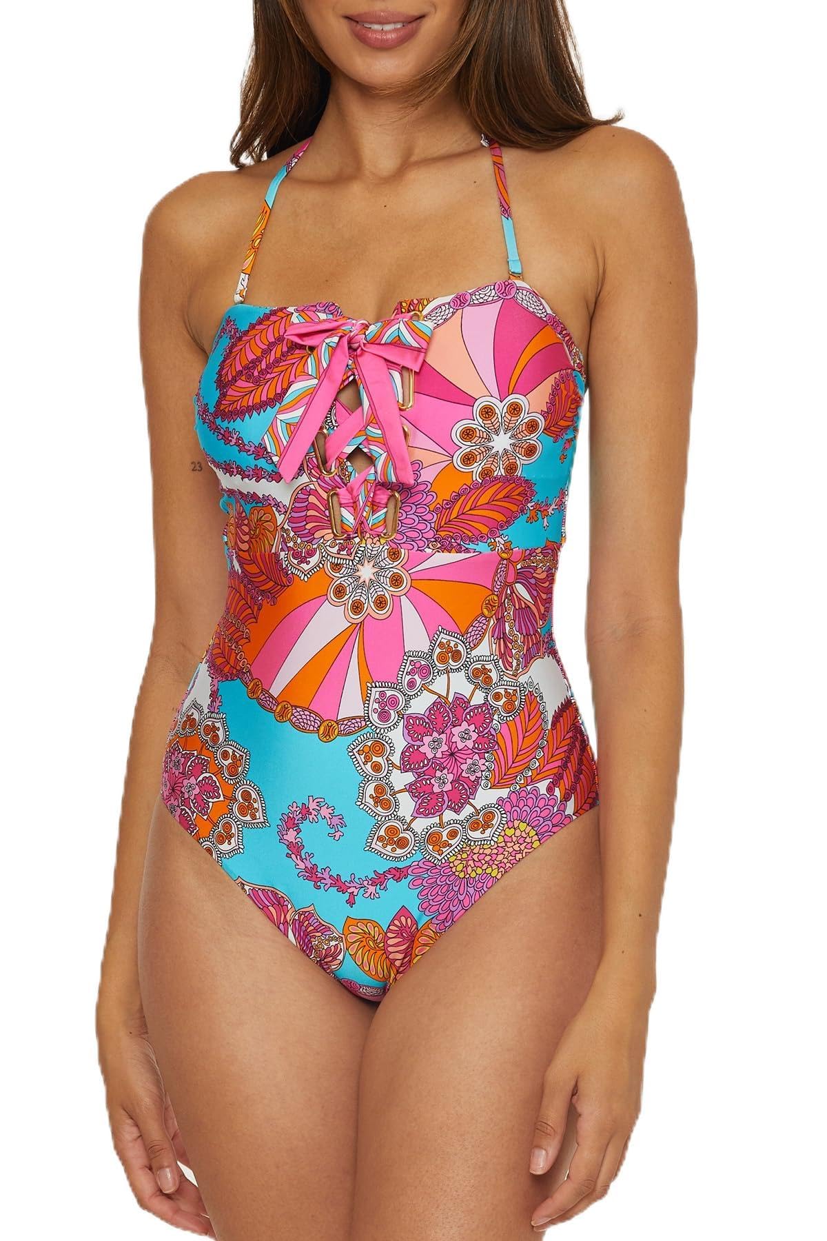 Trina Turk Women's Meilani Bandeau One Piece Swimsuit - Floral Print, Adjustable Straps, Tie Back Bathing Suit for Women | Beach Vacation, Pool Party, Summer Swimwear