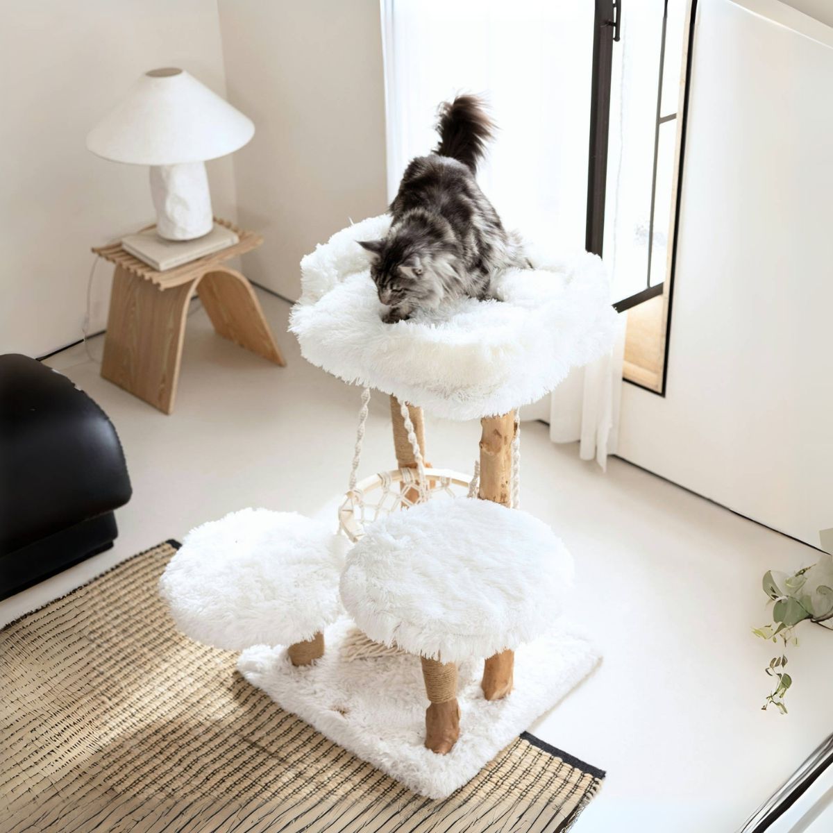 92cm Purrista Natural Wood Cat Tree with Hammock - White - Perfect for Indoor Cats to Climb, Play & Relax in Living Rooms & Bedrooms