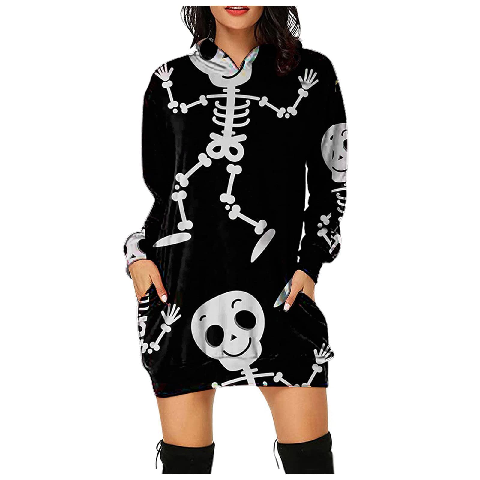 Lykmera Women's Casual Hooded Tunic Dress - Long Sleeve Printed Pullover Sweatshirt with Pockets | Perfect for Lounge Wear, Street Fashion & Everyday Comfort