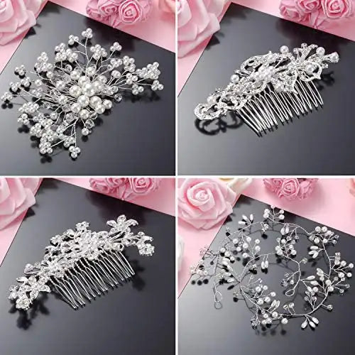 Elegant Rhinestone Pearl Hair Clips & Comb Set for Women - Bridal Wedding Party Prom Hairstyle Accessories