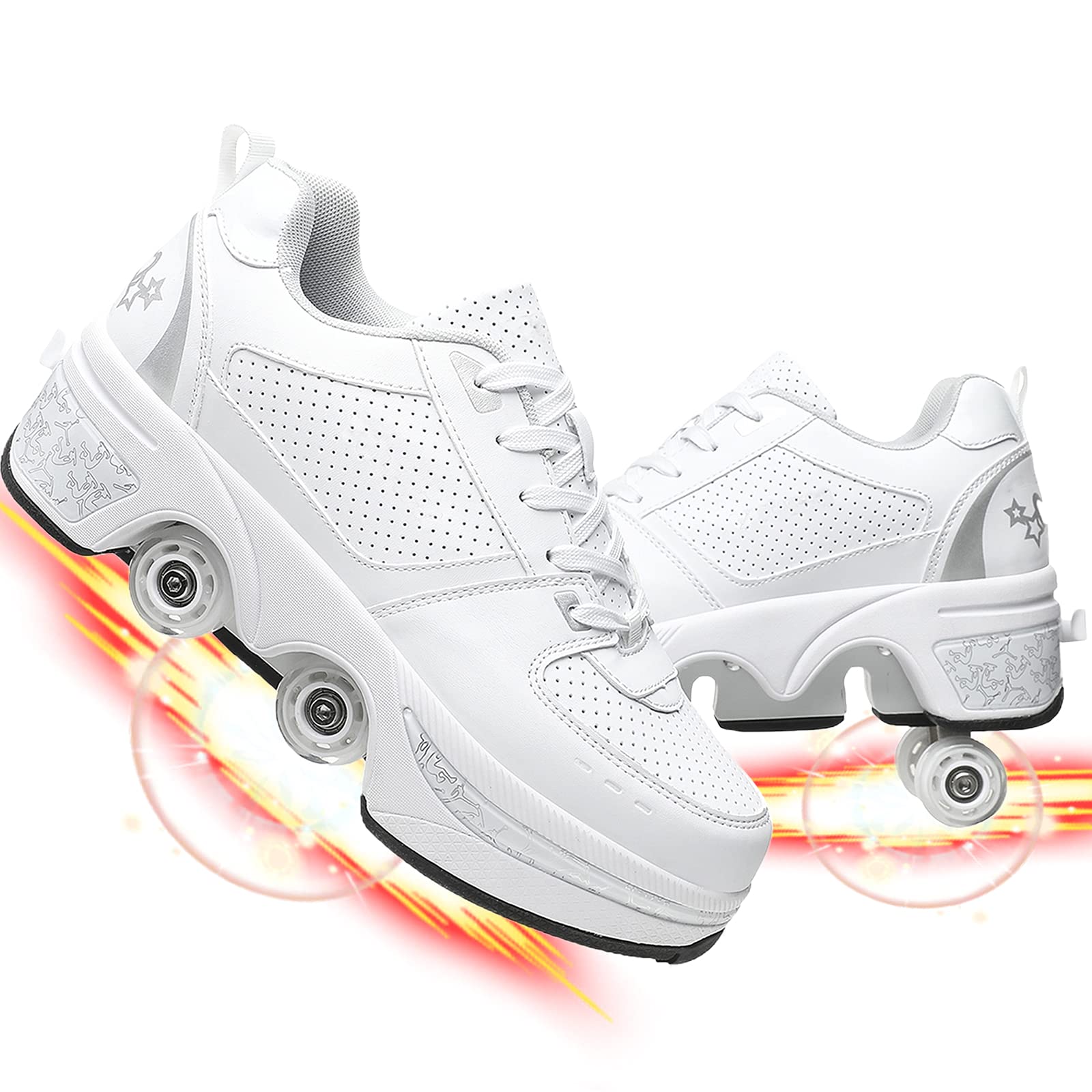 Double-Row Deform Wheel Roller Shoes - 2 in 1 Retractable Skating Shoes with Removable Pulley for Women, Men & Kids | Convertible Roller Skates for Outdoor Fun, Fitness & Commuting