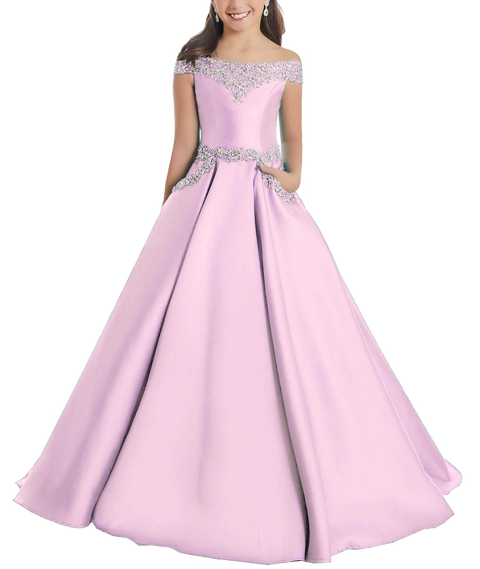 Junguan Off Shoulder Flower Girl Dresses Long Princess Pageant Gowns with Pockets - Elegant Birthday Party, Formal Ball Gown for Special Occasions | Perfect for Weddings, Pageants, Quinceañeras & Prom Nights