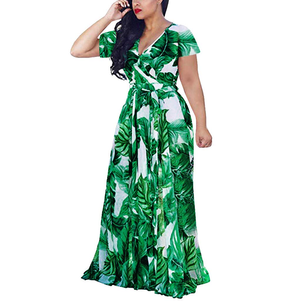 Bohemian Split Sleeve V-Neck Casual Dress for Women - Plus Size Flowy Maxi Dress with Belt, Elegant & Comfortable for Beach, Vacation, and Summer Outings