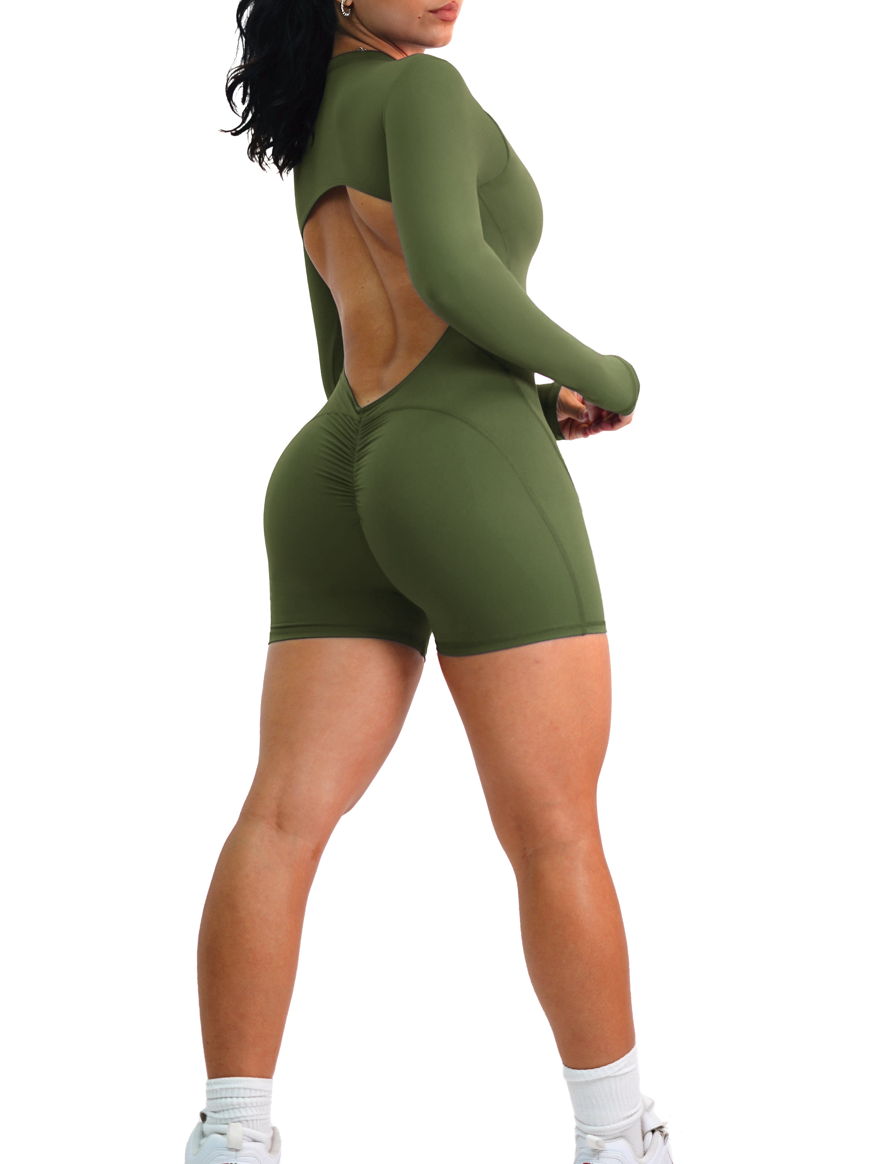 Sexy Backless Scrunch Long Sleeve Short Romper Jumpsuit - Wild Green | Women's Fashion Bodycon Outfit for Party, Club & Date Night