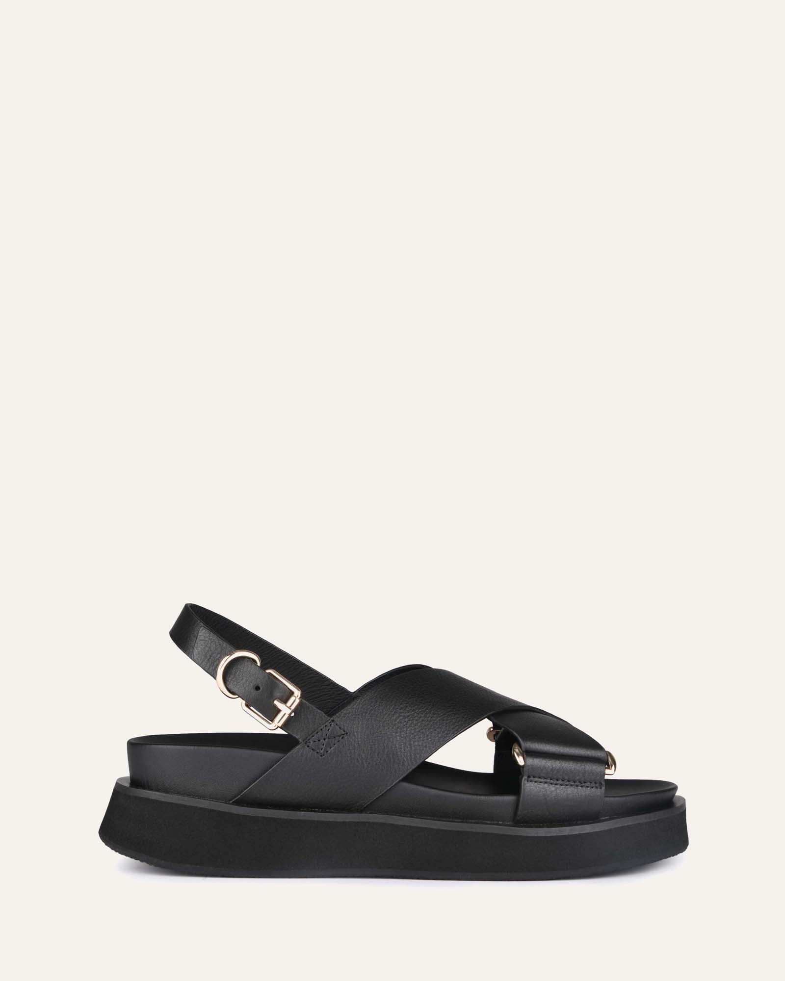 Marley Flat Sandals for Women - Black Leather Comfortable Slip-On Sandals for Beach, Vacation & Casual Wear