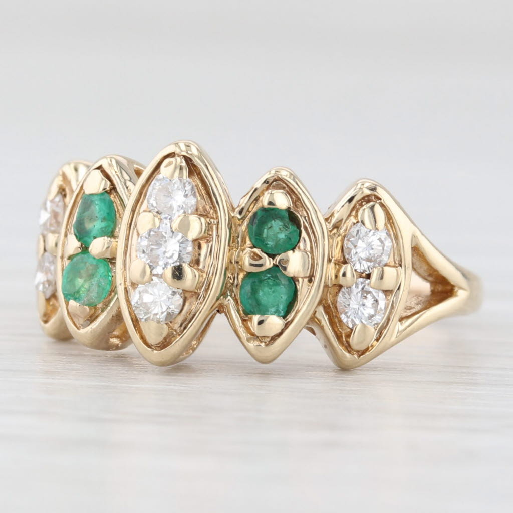 0.42ctw Emerald and Diamond Ring in 14k Yellow Gold, Size 5.5 - Elegant Tiered Marquise Design for Engagement, Wedding, Anniversary Gifts
