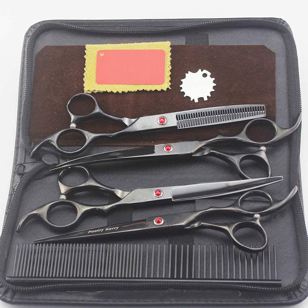 4Pcs Professional Pet Grooming Scissors Set - Salon Grade Hairdressing Shears, Styling Comb & Haircut Tools Kit (Black) | Perfect for Dog & Cat Grooming, Home Hair Styling & Professional Salon Use