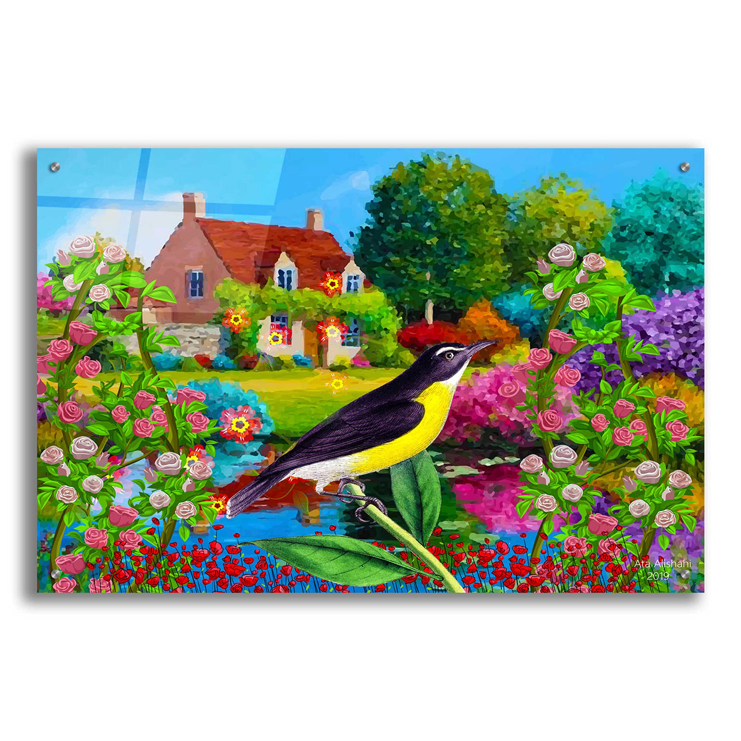 Epic Art 'Spring Bird and Flowers' by Ata Alishahi - 36x24 Inch Acrylic Glass Wall Decor - Modern Home & Office Artwork - Perfect for Living Room, Bedroom or Office Decoration