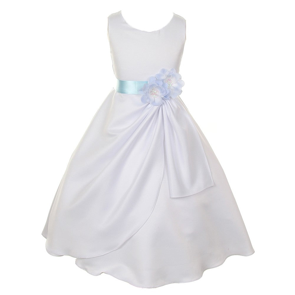 Elegant White and Blue Satin Sequin Flower Bridesmaid Dress for Big Girls - Sizes 8-14 | Perfect for Weddings, Prom, and Special Occasions