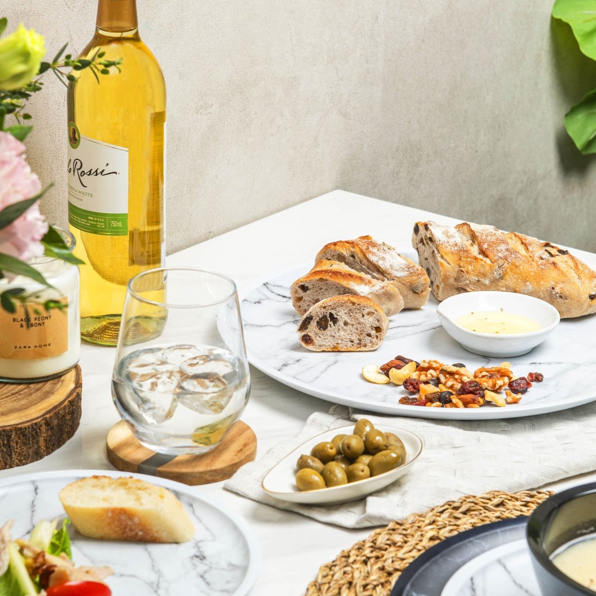 2-Piece Marble Melamine Round Platter Set - Black & White - Perfect for Serving Appetizers, Desserts, and Party Snacks