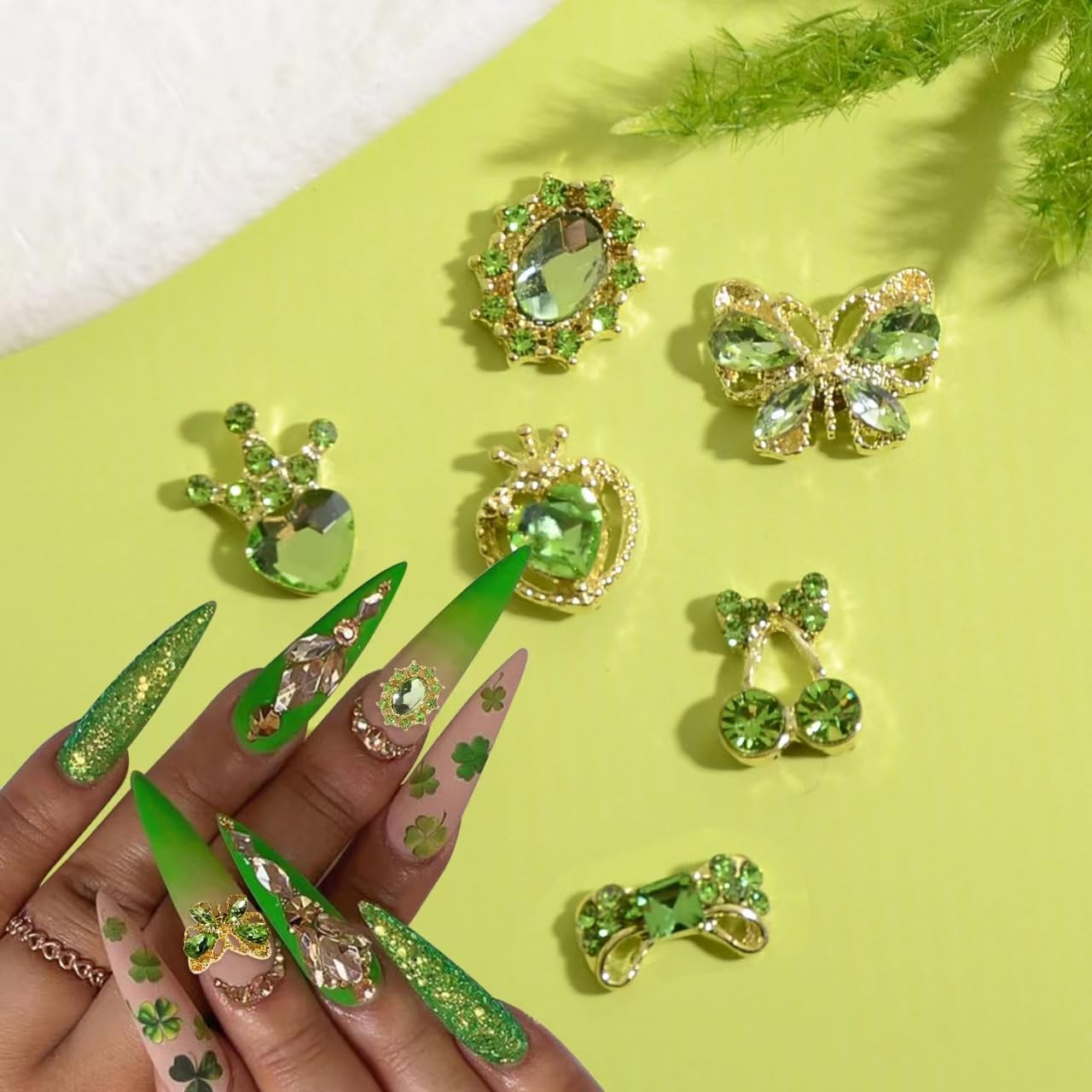 30Pcs Green Rhinestone Nail Charms - 3D Butterfly & Bow for St Patrick’s Day Nail Art
