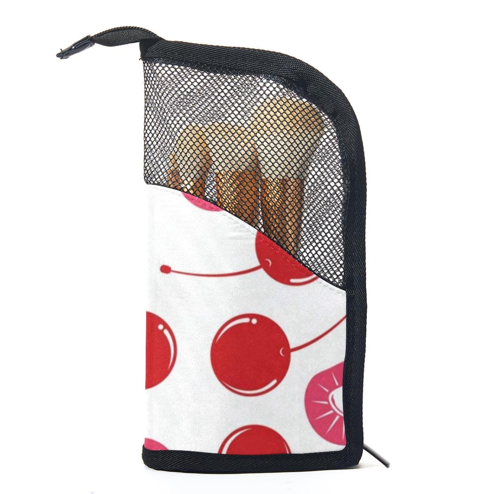Portable Makeup Brush Organizer Bag with 12 Slots - Cherry Fruit Print Cosmetic Brush Holder Case for Travel & Home Storage | Perfect for Makeup Artists & Beauty Enthusiasts