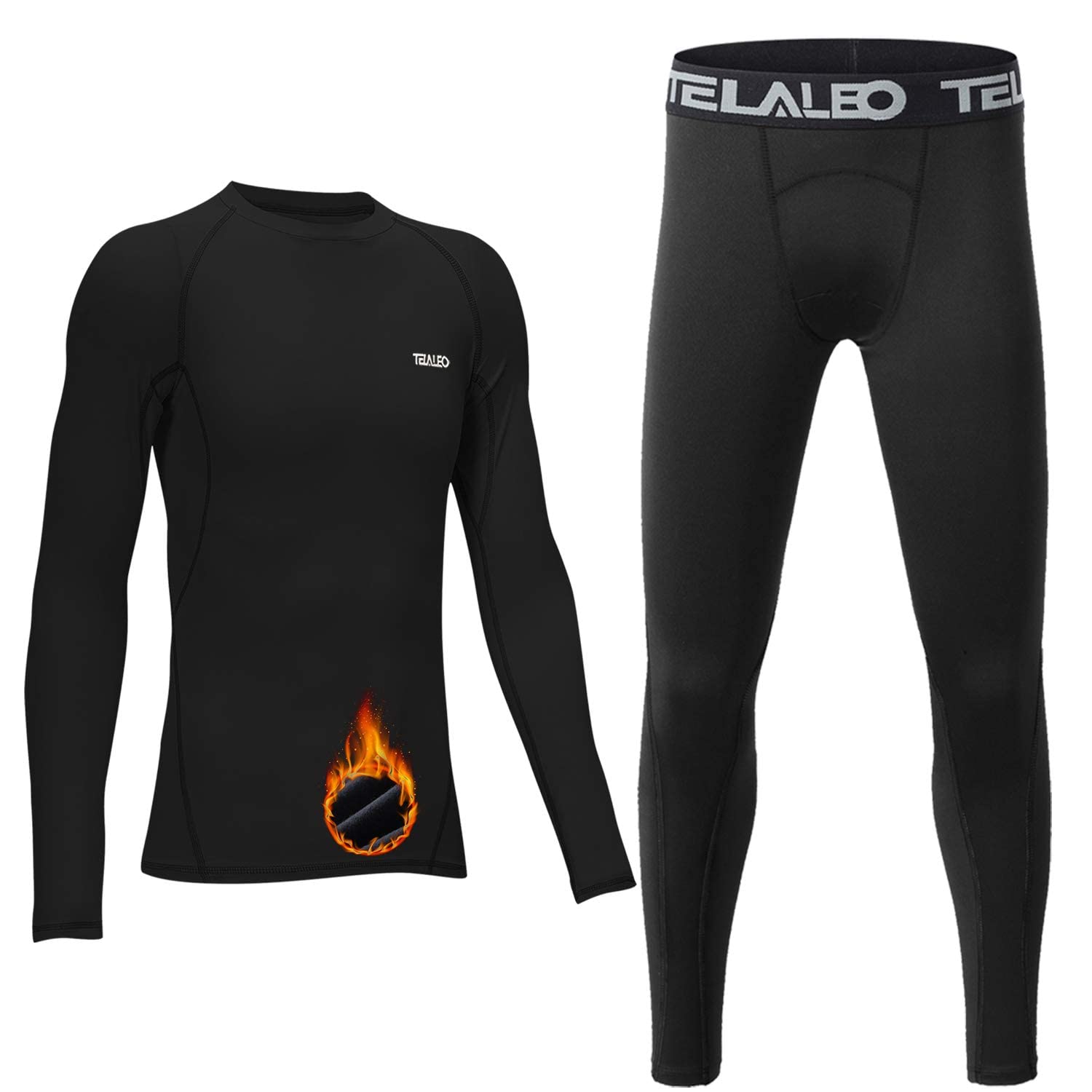 TELALEO Kids' Thermal Fleece Lined Long Sleeve Compression Shirts & Leggings Set - Boys Girls Athletic Baselayer for Winter Sports, Running, Skiing & Outdoor Activities
