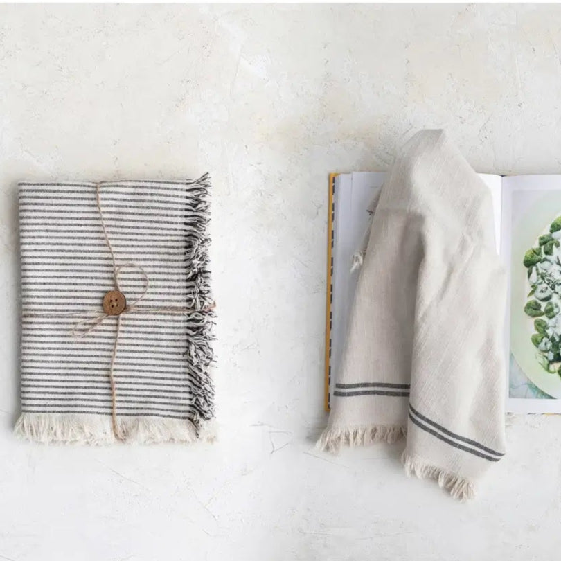 Farmhouse Striped Dish Towels with Fringe - Set of 2 Cotton Kitchen Towels for Drying Dishes, Hand Towels for Farmhouse Decor, Rustic Kitchen Accessories