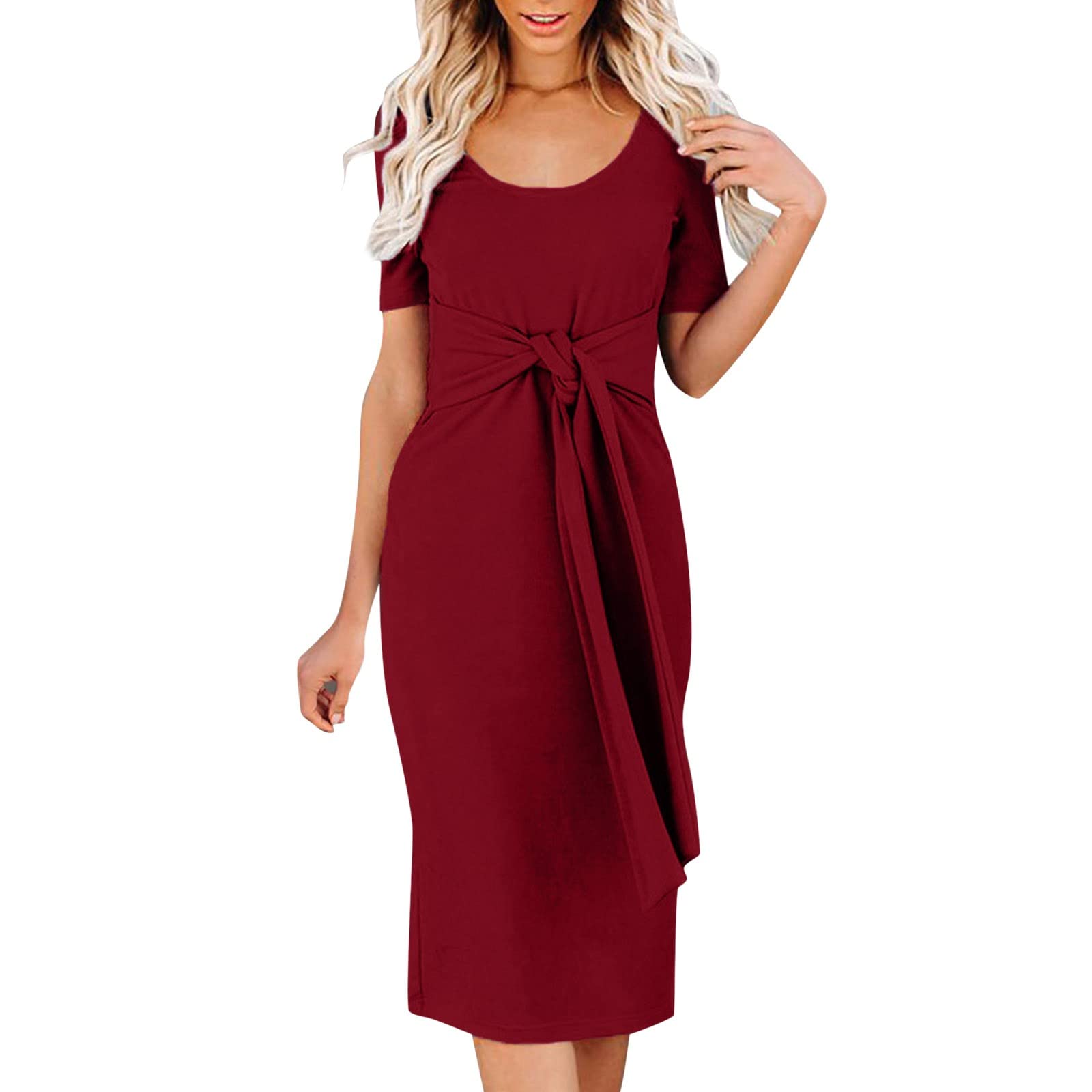 Women's Casual Solid Color Round Neck Short Sleeve Belted Maxi Dress - Summer Beach Holiday Party Wear, Elegant Long Sleeve Dresses for Women - Perfect for Vacations, Weddings & Date Nights