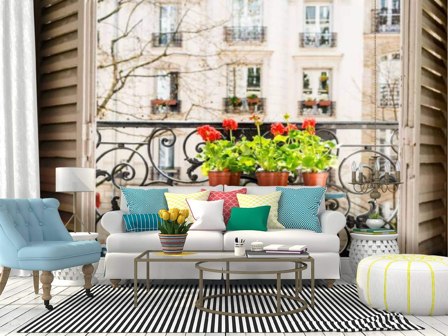 RECETHROWS Springtime Paris Balcony Wall Mural - Red Geraniums Peel & Stick Wallpaper | Self-Adhesive Removable Vinyl Film for Home Decor | Perfect for Living Room, Bedroom, Nursery & Office Walls