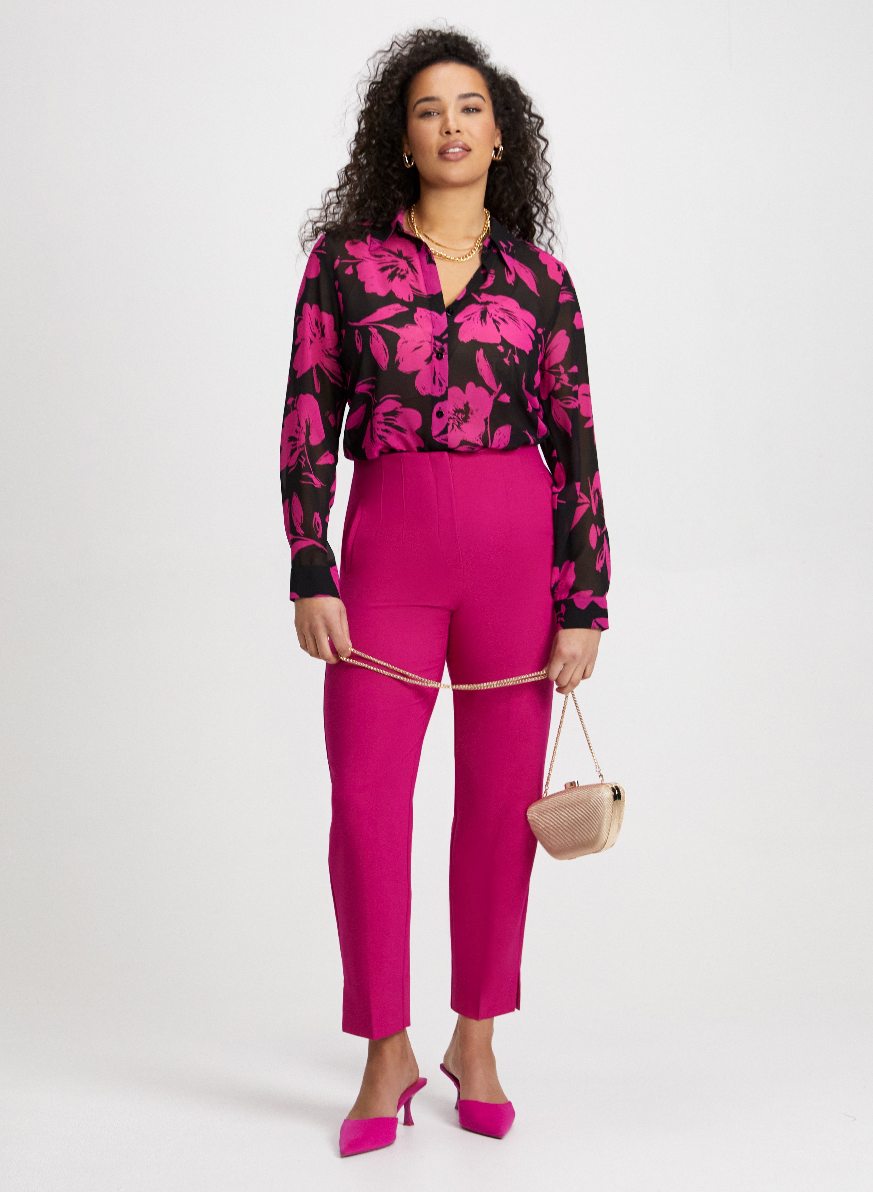 Floral Print Blouse & Slim Leg Pants Set - Women's Flowy Tops with Stretchy High Waist Dress Pants for Office, Party & Casual Wear