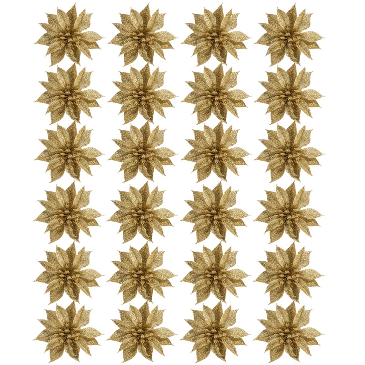 24Pcs Christmas Glitter Poinsettia Flowers - Artificial Floral Picks for Holiday Wreaths, Xmas Tree Decorations & Centerpieces (Golden) | Perfect for Christmas Home Decor, Gift Wrapping & Festive DIY Crafts