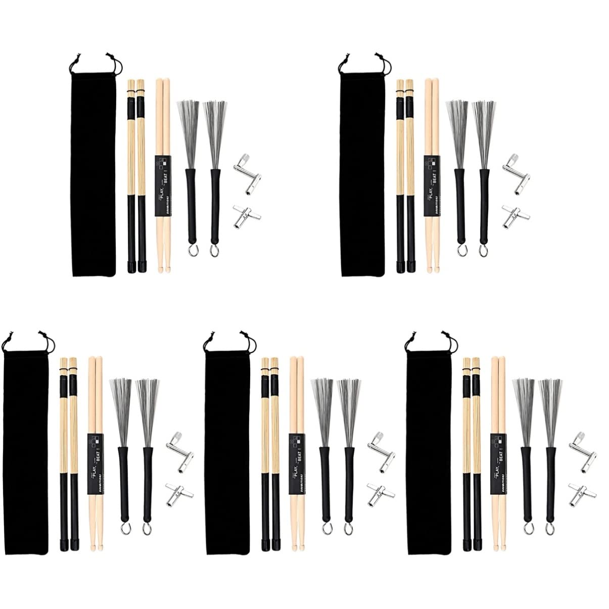 MILISTEN 5-Piece Drum Sticks Set - Professional Drumsticks, Percussion Sticks & Drum Brushes with Wrench - Perfect for Drum Kits, Practice, Live Performances & Music Classes