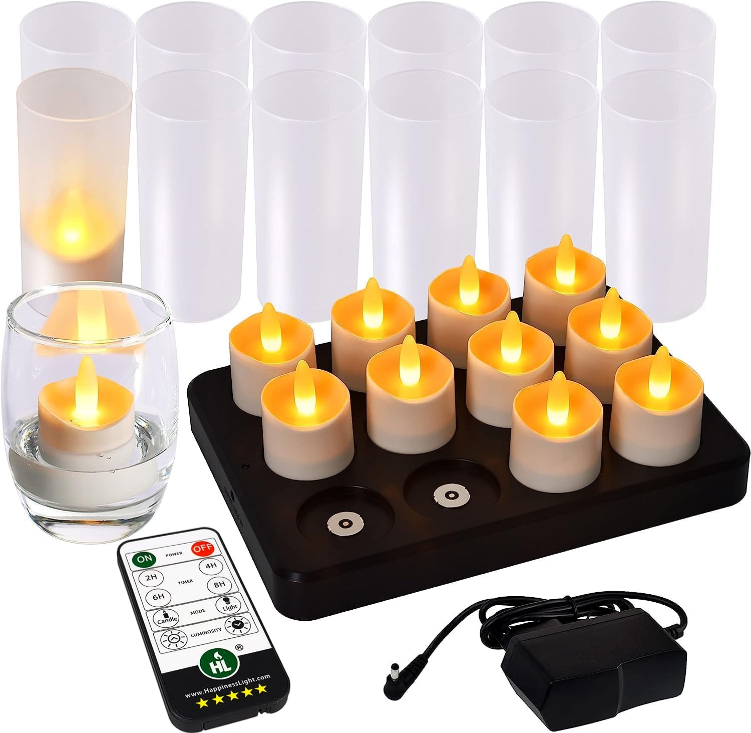 HL Flameless LED Candles with Remote & Timer - 100+ Hours Rechargeable, Waterproof Battery Tea Lights with Charging Base - Yellow Votive Floating Candles for Weddings, Home Decor, Parties & Festivals (12 Pack) - Perfect for Romantic Dinners, Spa Relaxation & Holiday Centerpieces